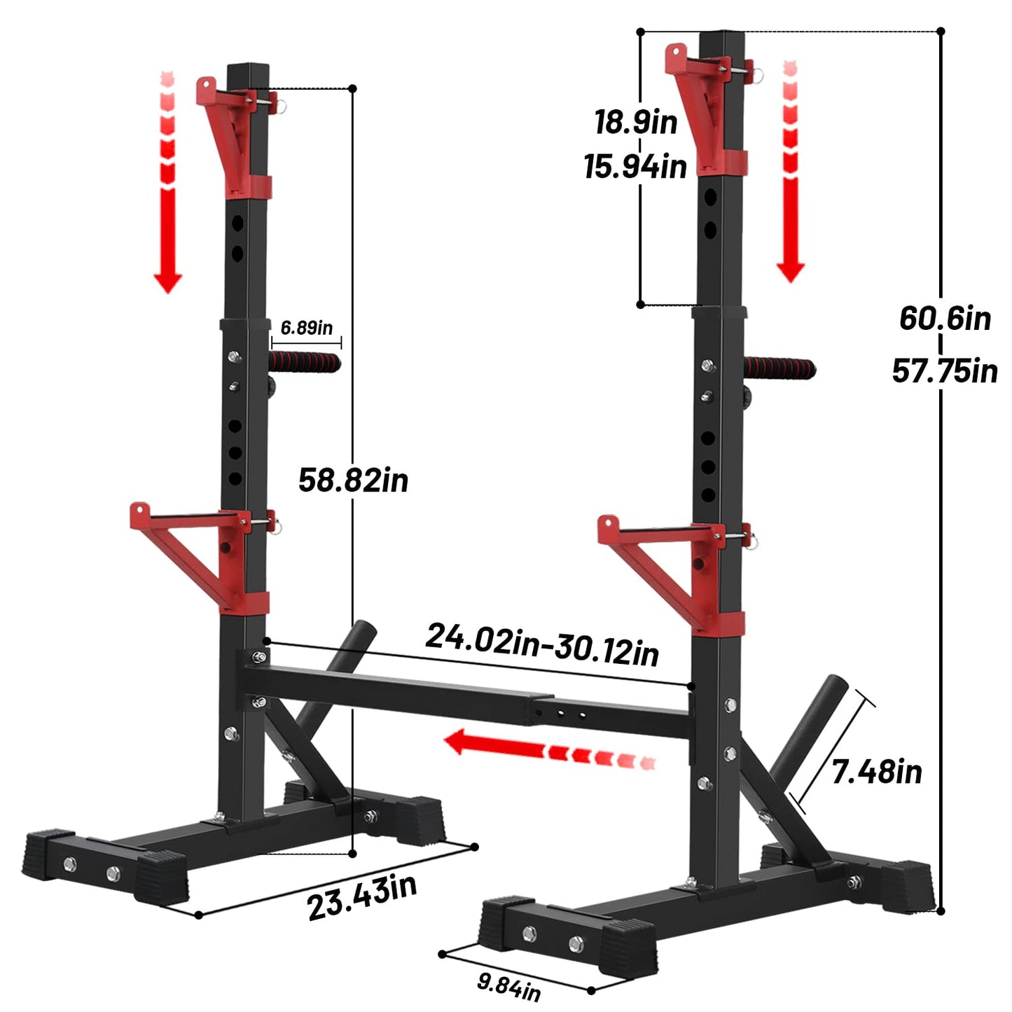 CANPA Squat Rack, Adjustable Barbell Rack Strength Training Barbell Stand with Dip Station Multi-Function Squat Stand Equipment for Home Gym Fitness 600Lbs（red）