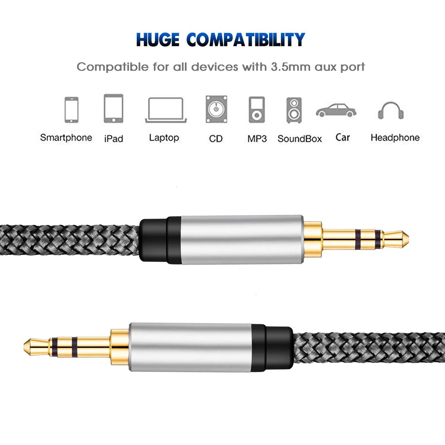 3.5mm 10Ft, (10Ft/3M, Tan QY Nylon Braided Aux Cable Audio Auxiliary Input Adapter Male to Male Cord for Headphones