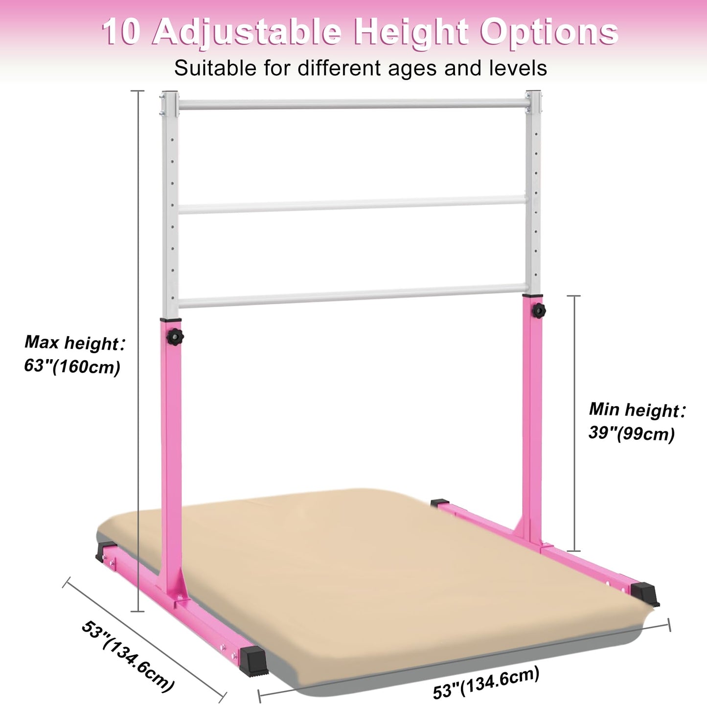 Jivifao Gymnastics Bar with Self-Inflating Mat, 3' to 5' Adjustable Height, Gymnastic Kip Bar Horizontal Bar for Kids Ages 3-15, Anti-Slip and Easy to Assemble, Home Gym Equipment Indoor
