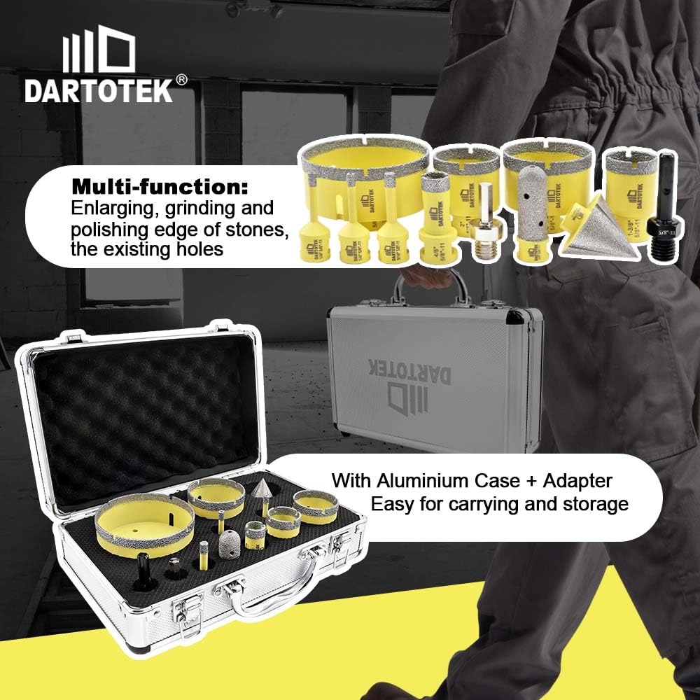 Diamond Core Drill Bits Set 12PCS - DARTOTEK Tile Hole Saw Kit (6/6/8/20/35/50/65/100/20mm/2/SDS/HEX for Porcelain, Ceramic Tile, Granite, Marble, Masonry
