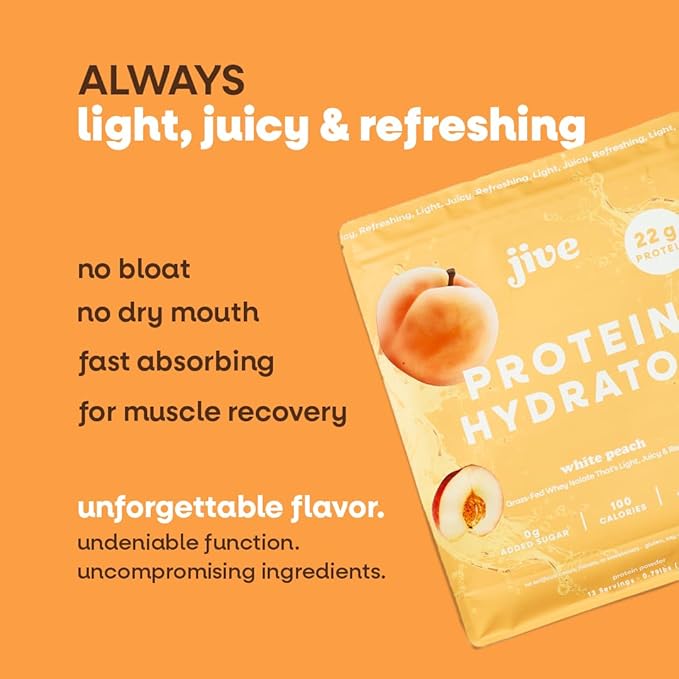 Jive Clear Protein Powder - 22g Grass-Fed Whey Isolate, 13 Servings - White Peach - 895mg of Electrolytes - Zero Added Sugar - Clear Drink Protein Water & Juice