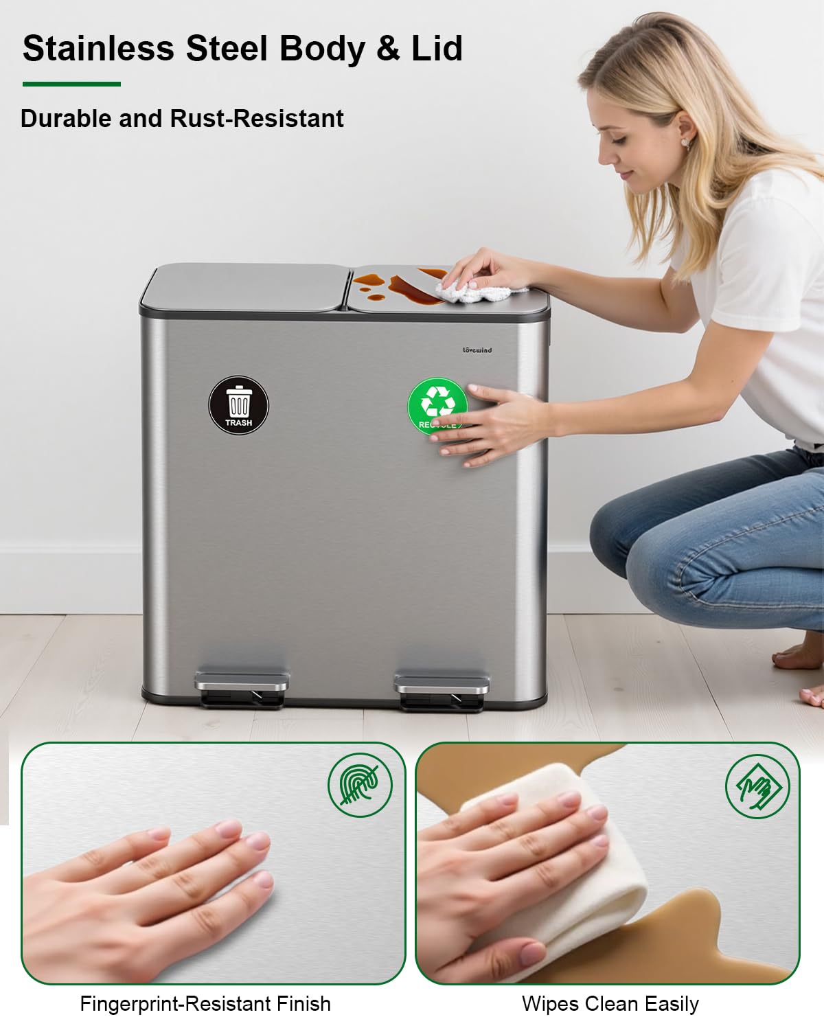Lovewind 2×11.5 Gallon Dual Trash Can, Stainless Steel Dual Garbage and Recycling Can with Foot Pedal, 90° Stay-Open Lid, Pet-Proof Design – Large Dual Compartment Trash Recycling Bins Kitchen, Silver