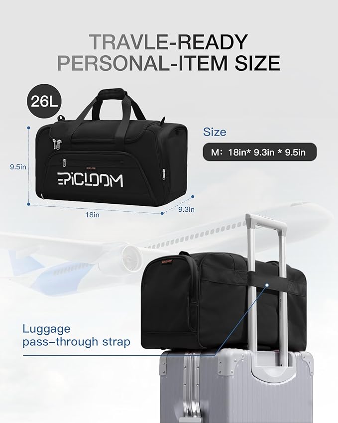 Gym Bag with Shoes ＆ Wet Compartment, Travel Duffel Bag for Men＆ Women, 26L Weekender Overnight, Lightweight Carry On for Workout Football