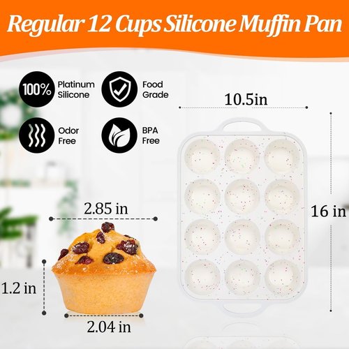 CAKETIME Silicone Muffin Pan - Nonstick 12-Cup Baking Tray with Metal Reinforced Frame | 2.8-Inch Cups