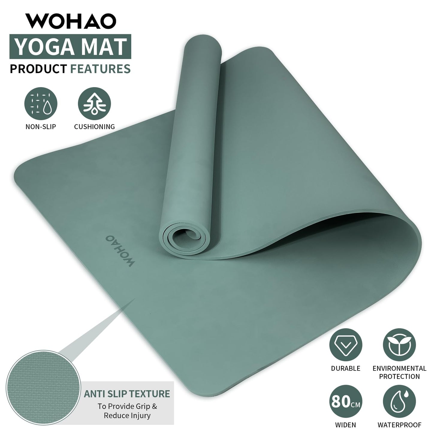 WOHAO 8mm Thick Non-Slip Yoga Mat - Large 72"x32", Eco-Friendly & Odorless with Carrying Strap, Extra Wide & Durable for Yoga, Pilates & Home Gym (Dark Green)