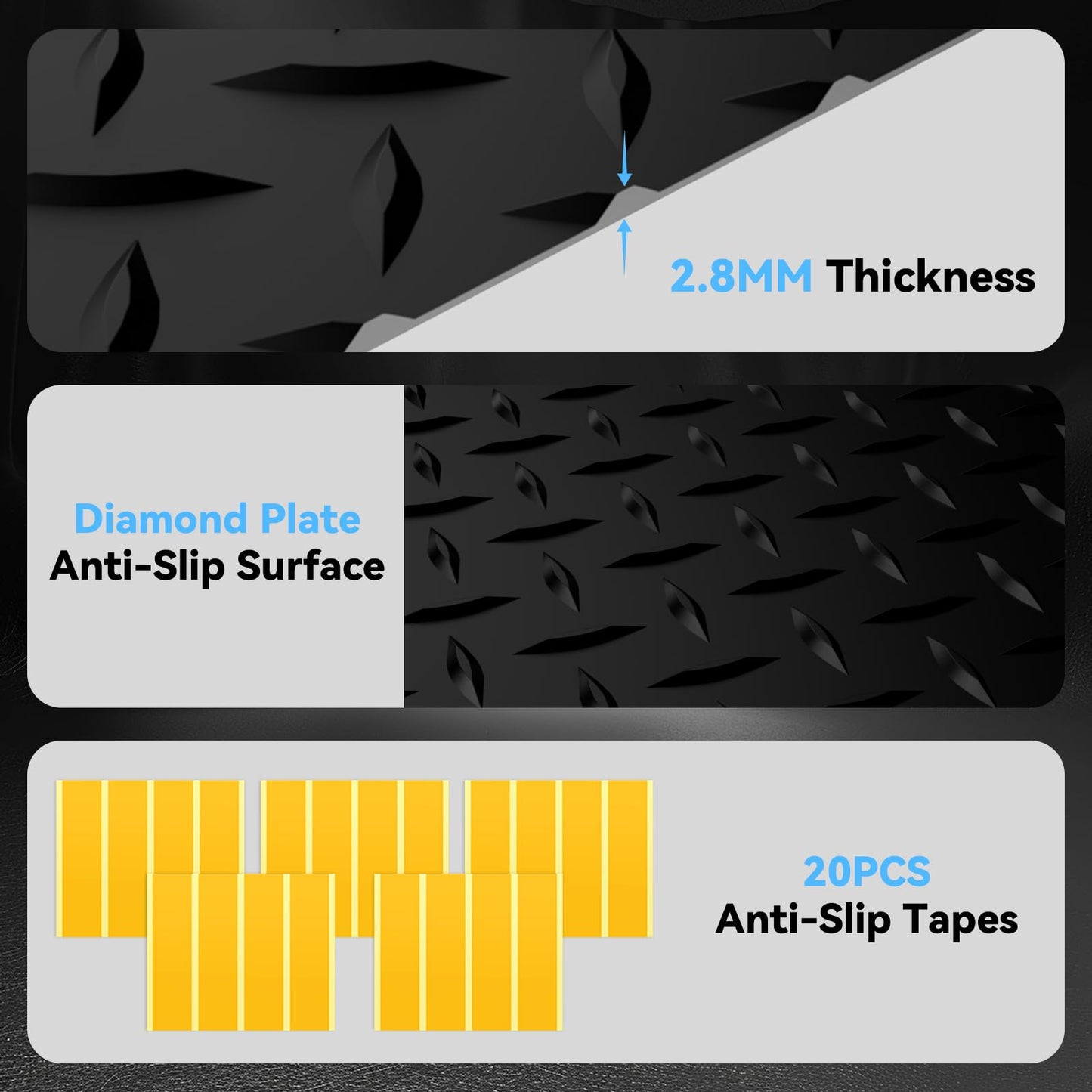 NarwooAuto 8x25 FT Garage Floor Mat, 2.8mm Thickened PVC Flooring Roll for Under Car, 200 SQFT Diamond Plate Black Garage Mats for Garage, Warehouse, Basement, Gyms, Trailer（Included Tapes）