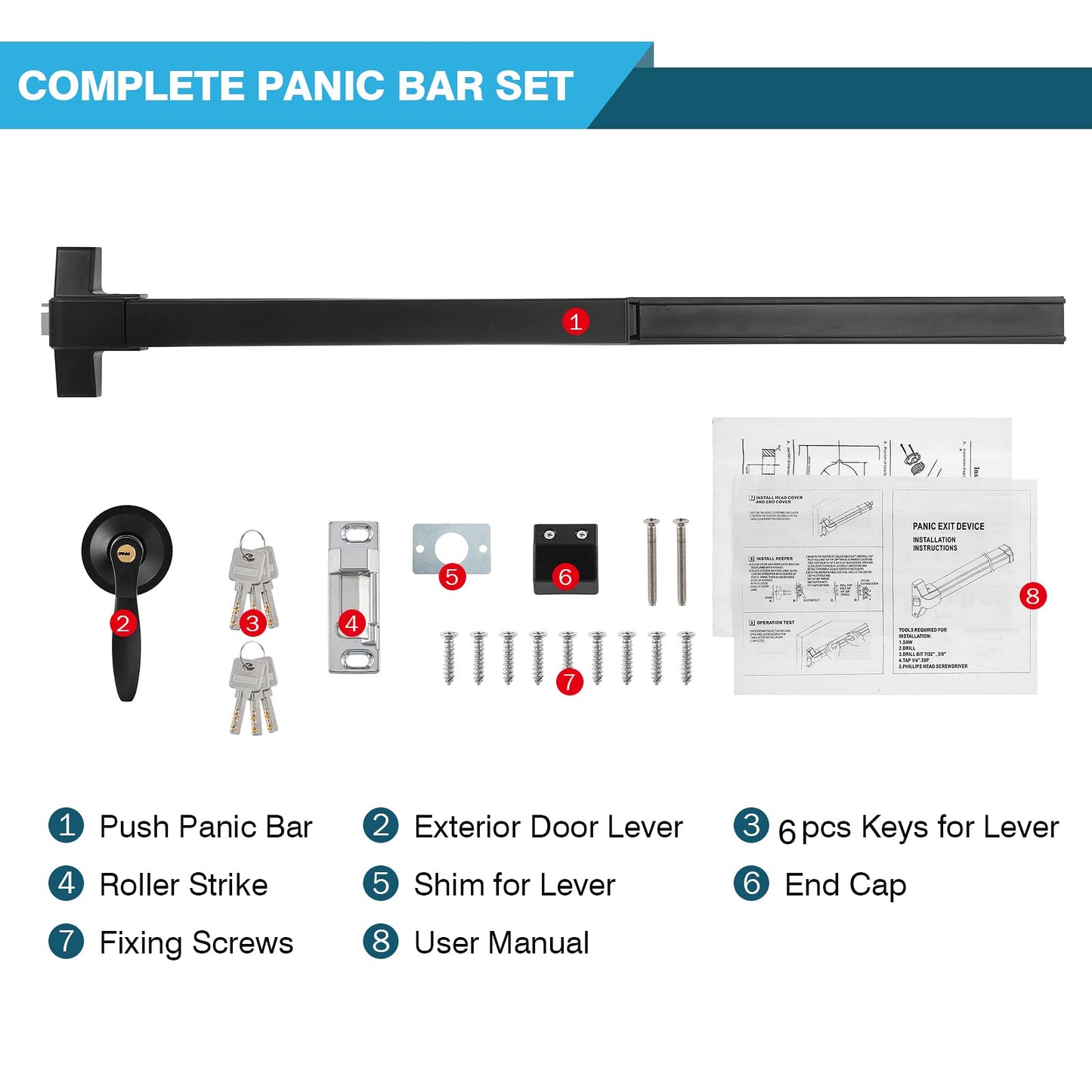 IRONWALLS Panic Exit Device, Black - 41' Commercial Door Push Bar with Exterior Lever, Stainless Steel Emergency Door Push Bar Locks for 41'-53' Doors