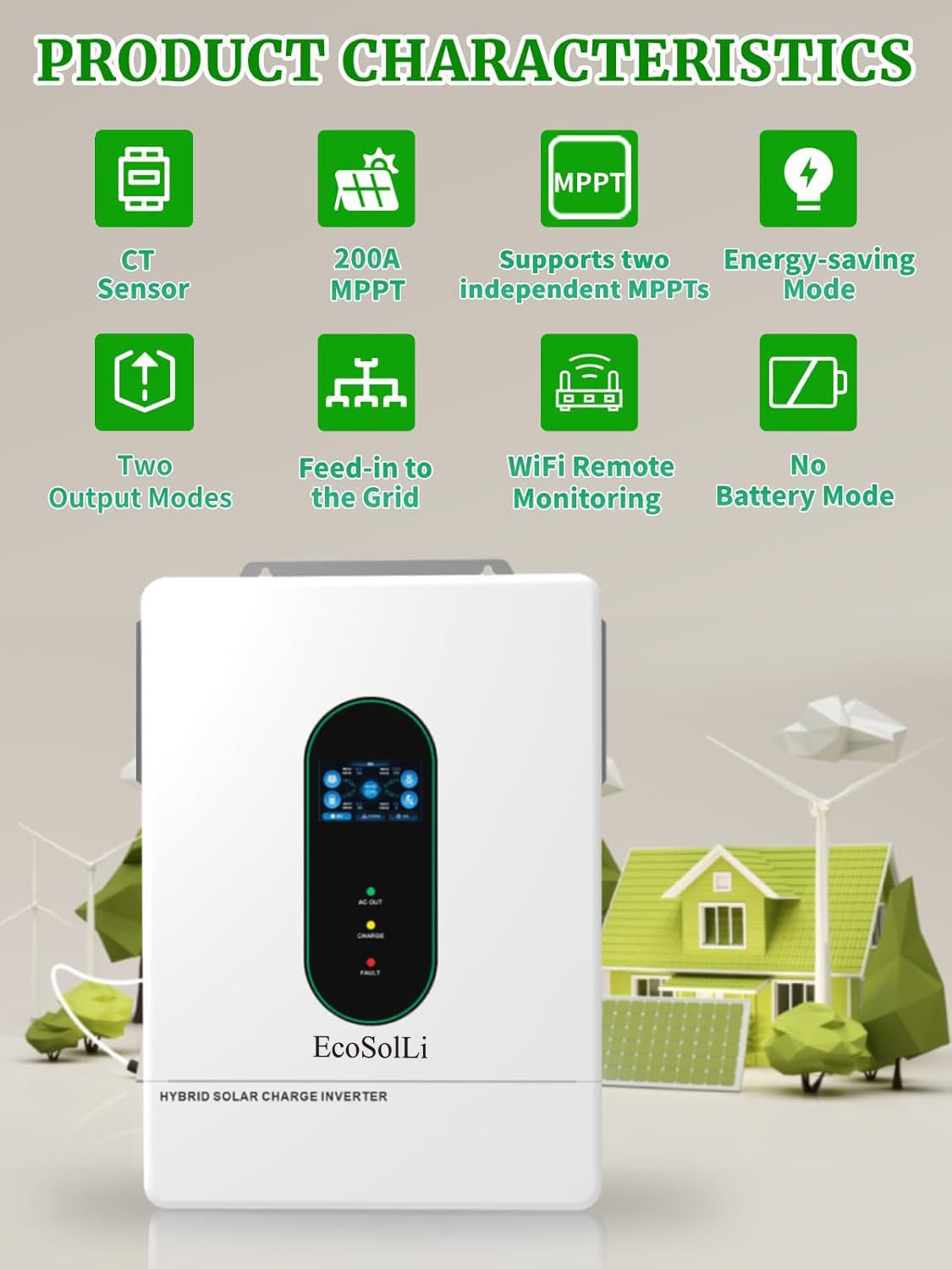 EcoSolLi 12000W Hybrid Inverter, 48V Split Phase Solar Inverter with WiFi, 120V/240V AC Input/Output (settable), Built-in 2 MPPT Solar Controllers, Max. 6 Parallel for Home, RVs, Lead Acid/Li,UL1741