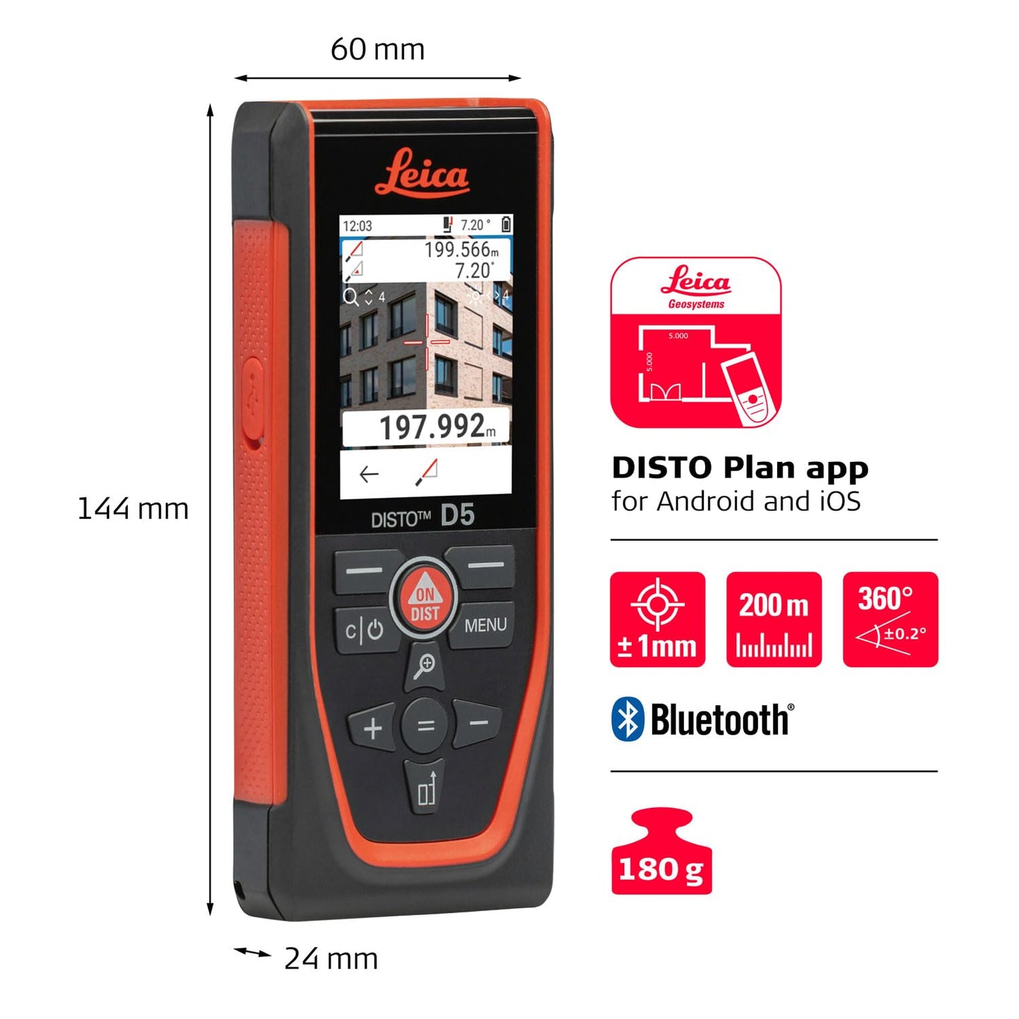 Leica Disto D5 - Range 650ft, Bluetooth, Smart Horizontal, Add/Subtract, Volume, Outdoor Camera viewfinder with 4X Zoom, Intelligent end-piece, Hand Loop, Pouch.