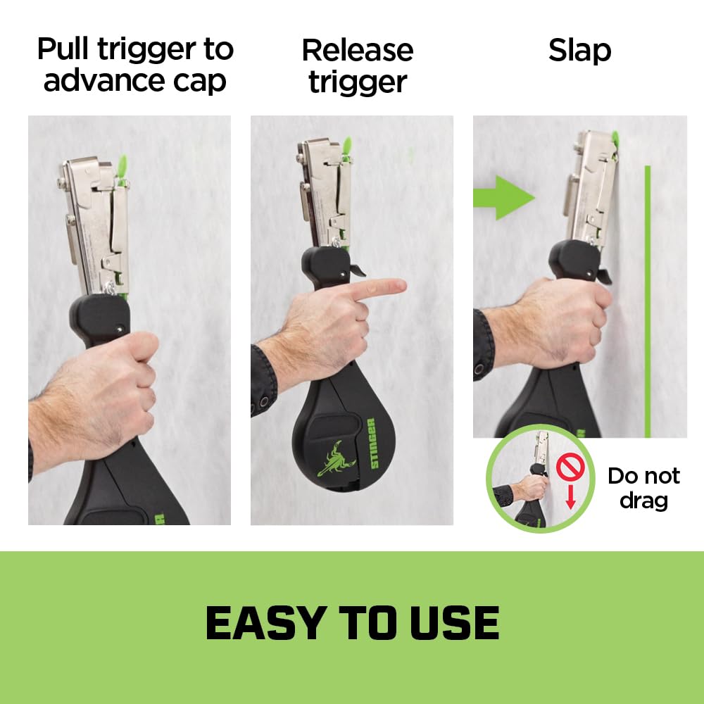CH38-2 Cap Staple Hammer Tacker Plus Two StaplePacs, 1" Caps, 3/8" Staples for Roofing Underlayment, Housewrap, and Insulation (STINGER 0136400)