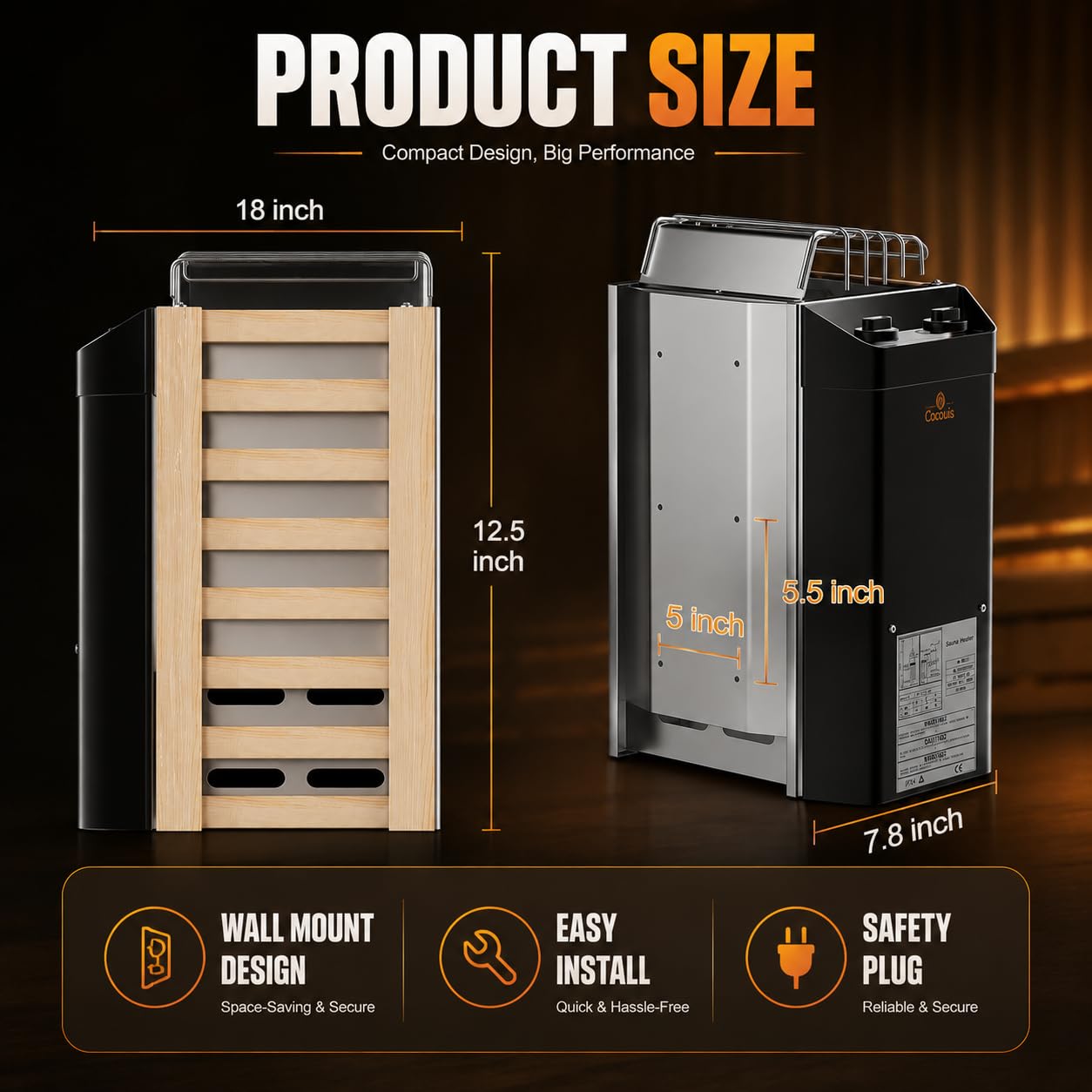 2KW 110V Sauna Heater with Plug, No Need for Wiring, Plug and Play, 100 Cu.Ft. Heated Area, Electric Sauna Heater with 3h Timera and Internal Temperature Control, Suitable for Small Sauna Rooms