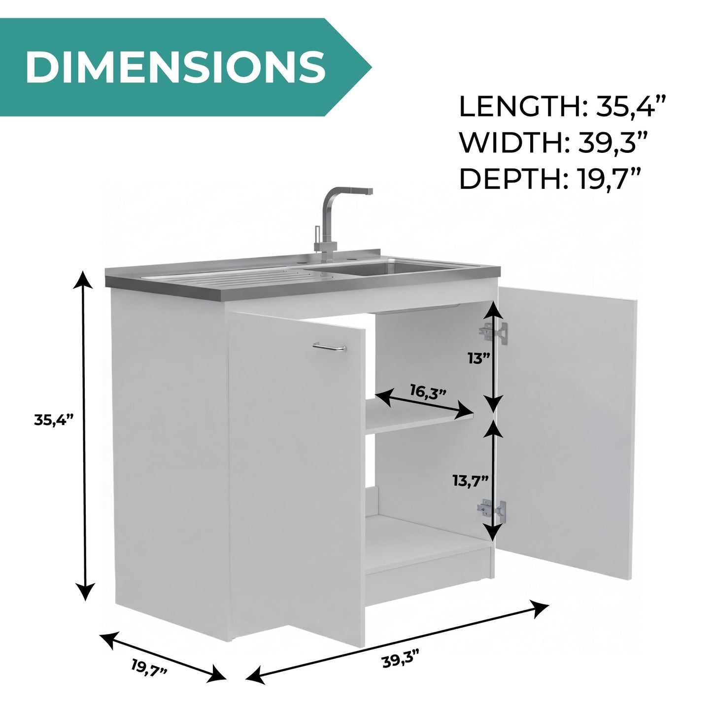 Tuhome Napoles Utility Sink Base Cabinet with Integrated Stainless Steel Countertop, Freestanding Cabinet with Double Doors, Interior Shelf for Laundry Room, Utility Room, Mudroom or Kitchen
