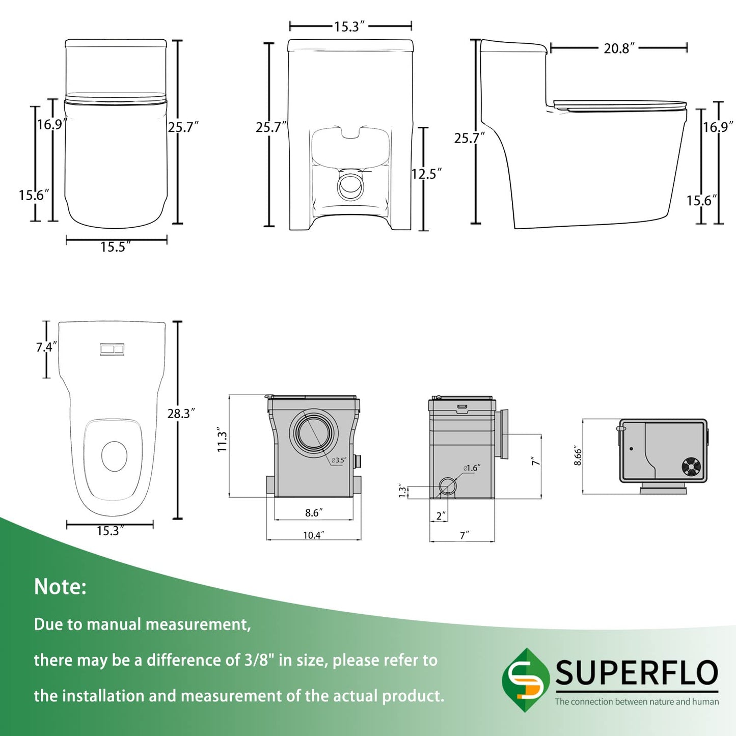 SUPERFLO Upflush Toilet Basement with 600W Macerating Toilet System | One Piece Macerator Toilet & AC Vent Pump Max Pumping to V26.2 & H262 Feet 3 Inlets for Bathroom Sink & Tub