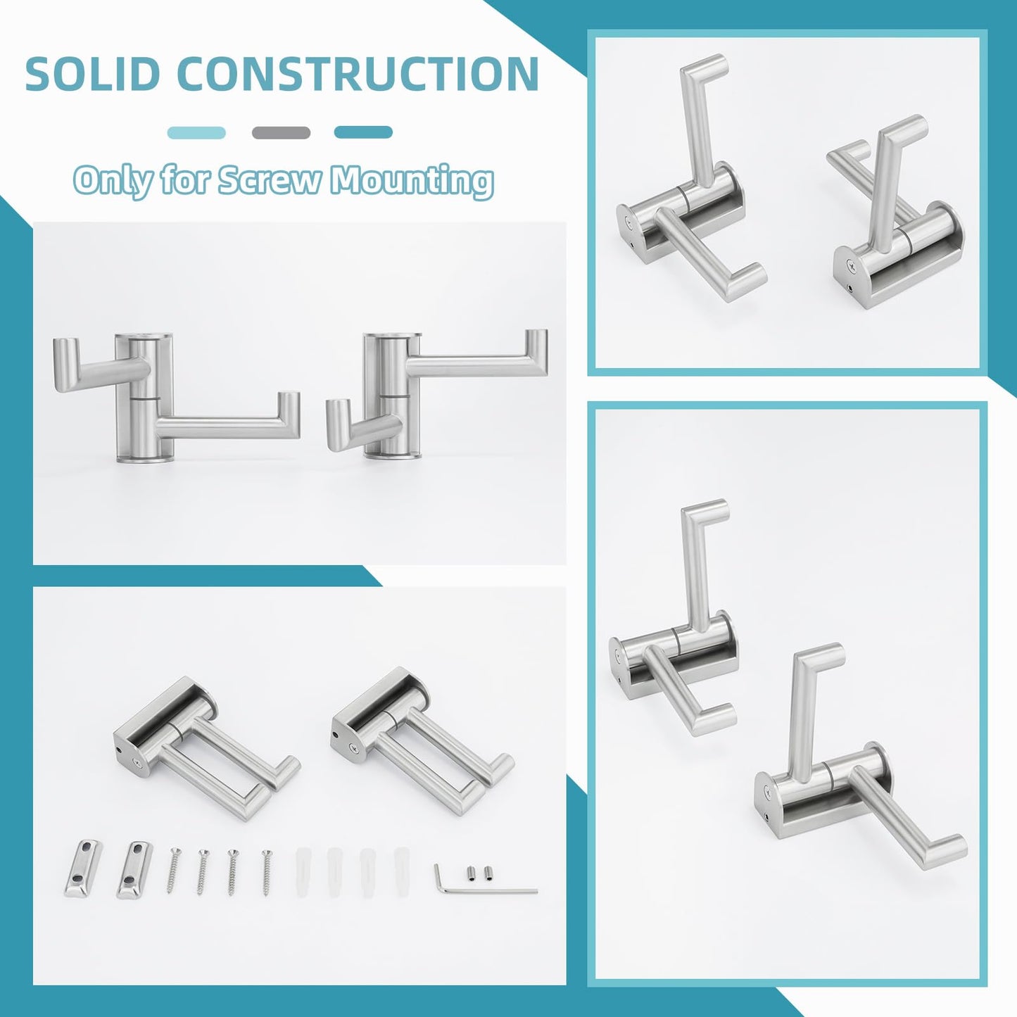 Angle Simple Swivel Towel Double Hook 2 Pack, Brushed Nickel 304 Stainless Steel Bathroom Robe Hook