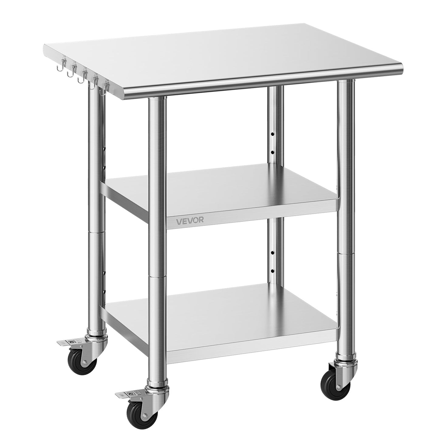 VEVOR Stainless Steel Work Table, 24x30 Inch Food Prep Table with 2 Shelves and Wheels, Commercial Kitchen Workstation, Metal Heavy Duty Utility Worktable, for Restaurant Home Hotel Garage Outdoor