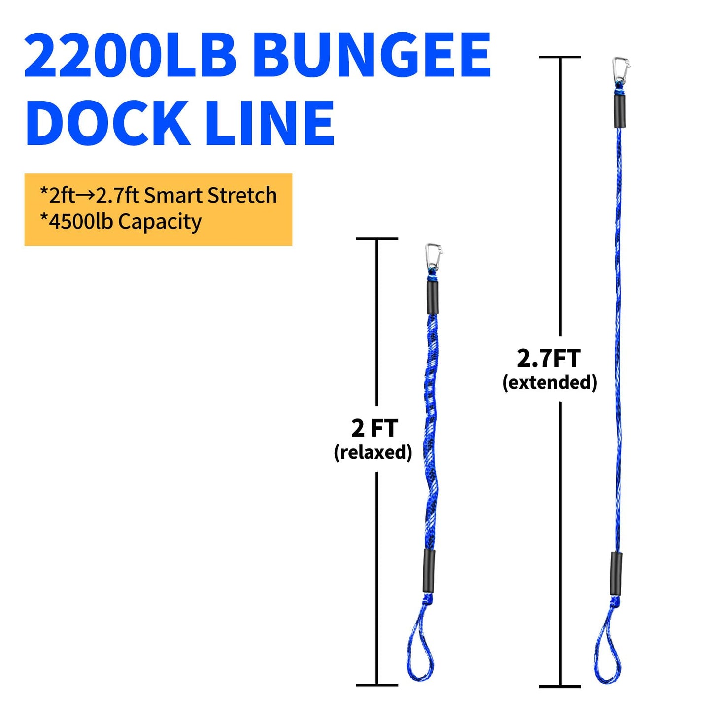ZRSCHYG Bungee Dock Lines for Boats 2FT, Boat Tie Downs for Dock with Hooks, Elastic Dock Ties for Small Boat Jet Ski Kayak Mooring (2 Foot, 2-Pack, Blue,Black&White)
