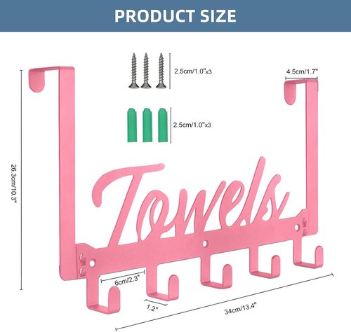 Azmoncy Over The Door Hooks - Heavy Duty Towel Rack with 5 Coat Hooks | Pink for Bathroom & Kitchen