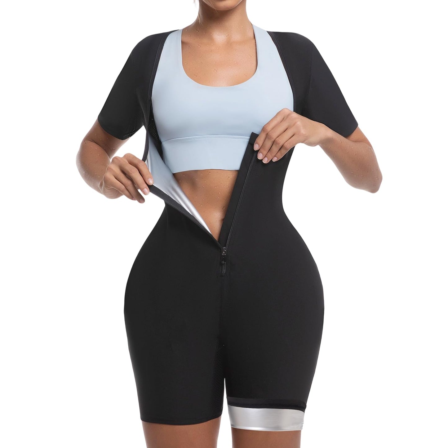 Meiosuns Sauna Sweat Suit for Women Weight Loss Waist Trainer Full Body Compression Sweat Suit 4 in 1 Slimming Heat Trapping Sauna Shirt for Workout Bodysuit Gym Fitness Shaper Thighs (Silver,L)
