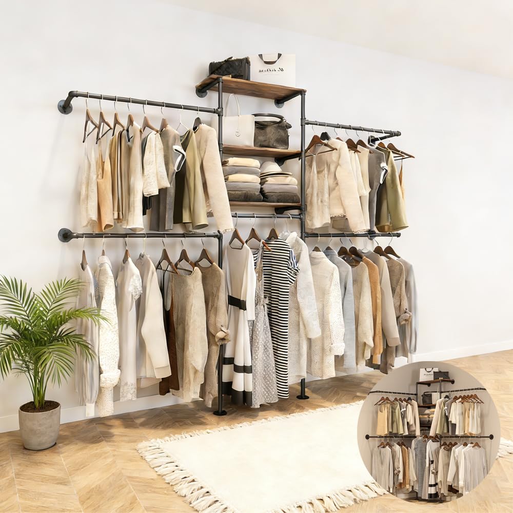 KaKaBB Industrial Pipe Clothing Rack - Heavy Duty Wall Mounted Clothes Rack, Corner Closet System, DIY Wardrobe Organizer with Shelves, Walk in Closet Storage (BLACK, 94.5")