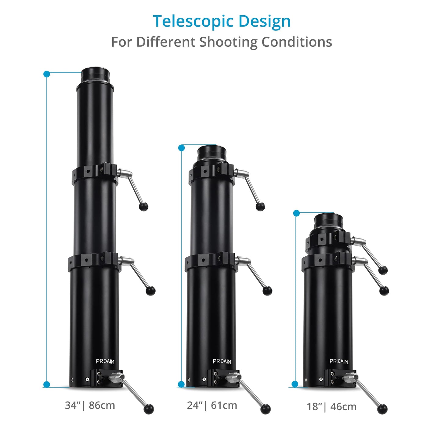 PROAIM Bull 18-34” Telescopic Bazooka for Camera Dolly, Jib/Crane & Other Heavy Camera Setups. Quick Height Adjustment - Gas Rise, Euro/Elemac Mount. Stable & Solid, Payload: 20-45kg (BZ-BULL-01)
