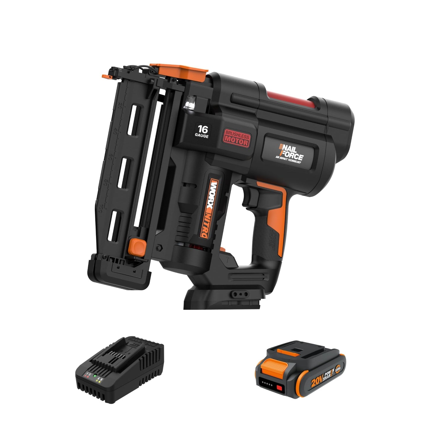 Worx Nitro 20V 16GA Finish Nailer Cordless 70 Nails/Min Sinks Up to 2-1/2", Compact Cordless Nail Gun w/Tool-Free Jam Release, Brushless Nail Gun Battery Powered WX841L – Battery & Charger Included