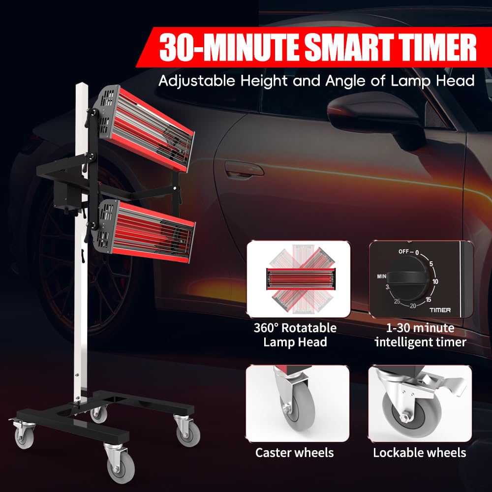 pakowin Infrared Paint Curing Lamp - 2100W 110V Short Wave Infrared Heating Light Equipped with Four Caster Wheels - with Timer and Height Adjustable - for Car Paint Booth