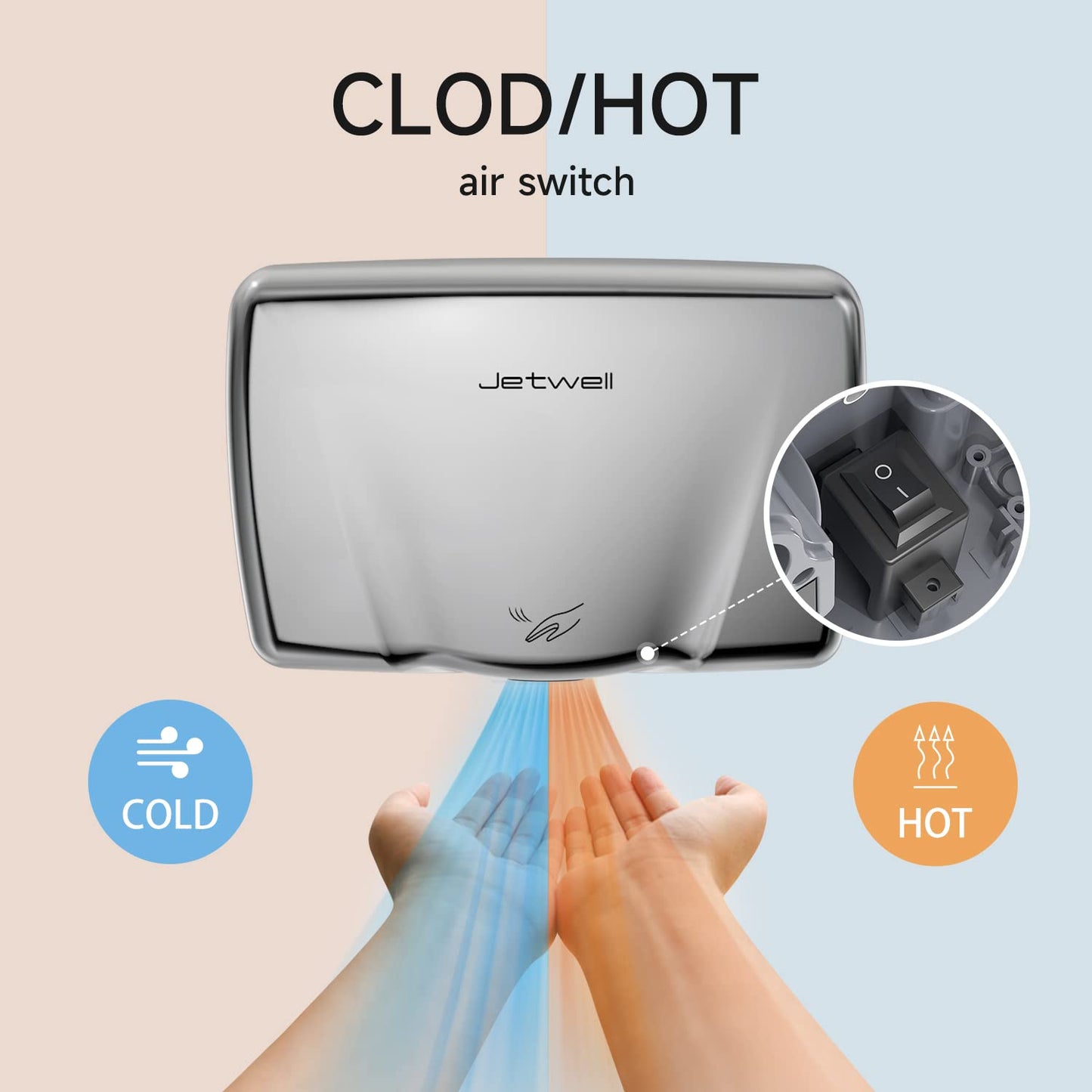 JETWELL 2Pack Compact Hand Dryer for Commercial Bathrooms, Stainless Steel Cover High Speed Automatic Warm Wind with Heating Switch, AC110V-130V