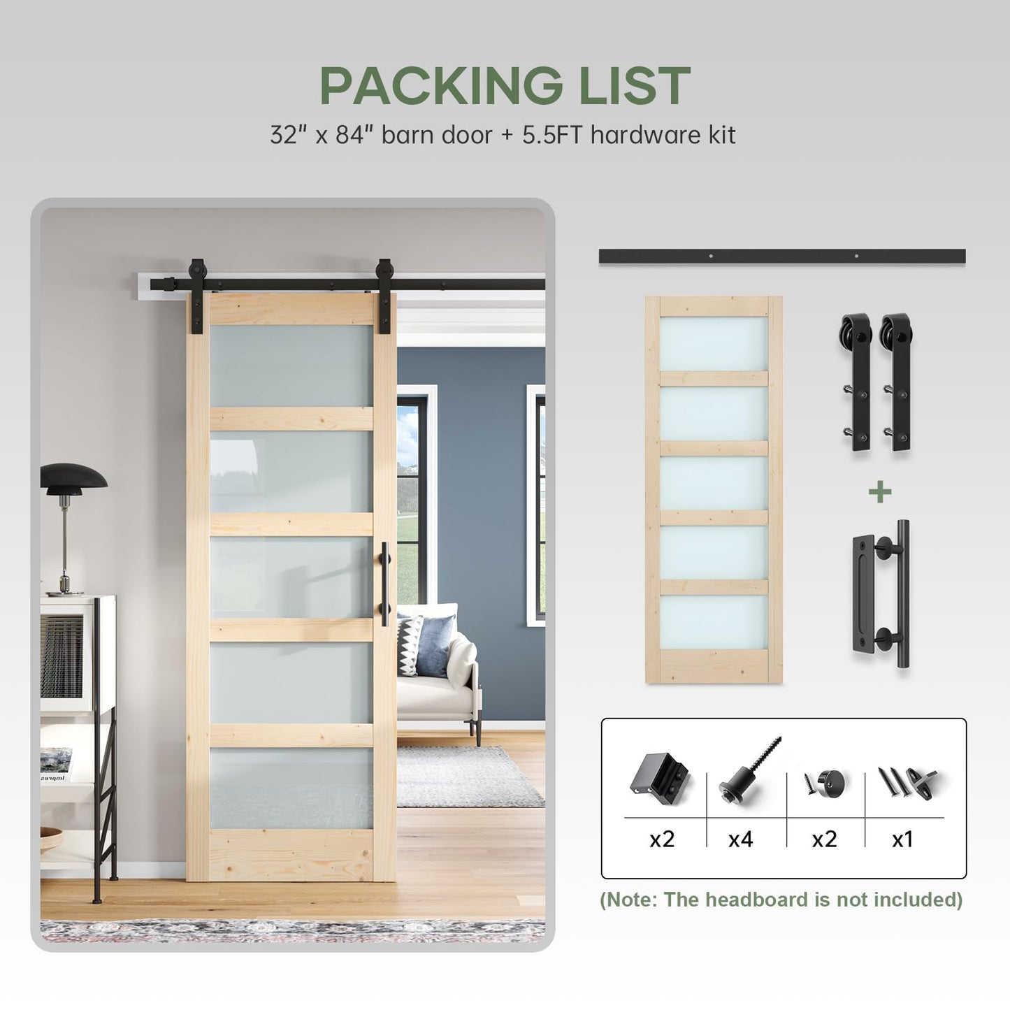 ROYMELO 32x84 inch Glass Sliding Barn Door Slab with 5.5ft Hardware Kit Included, 5-Panel Frosted Glass, Spruce Wood Support DIY Dyeing, Easy Assembly
