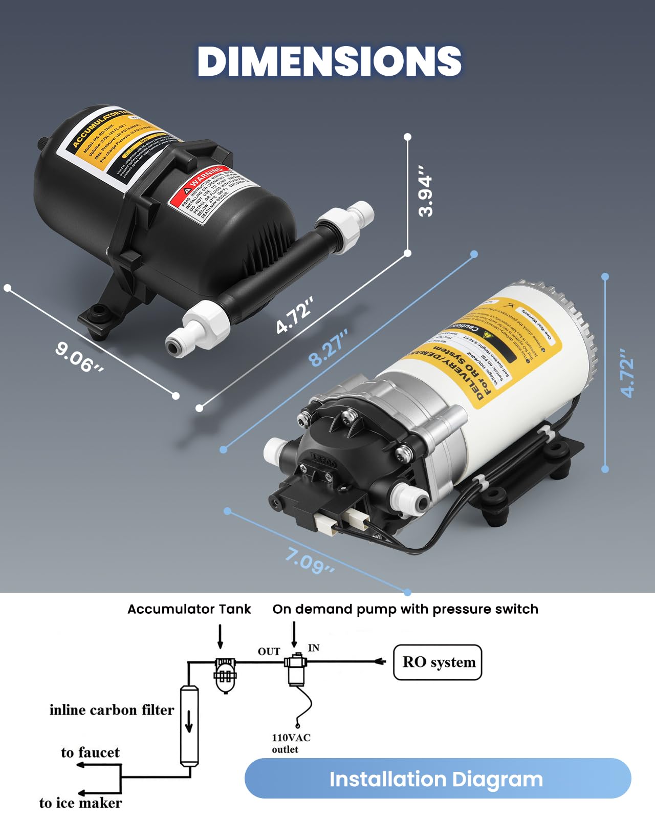 Moonshan RO Delivery Demand Pump with Pressurized Accumulator Tank 110V Quiet Water Booster Pump for RO Delivery System 1/4’’ Quick Connection (5800)