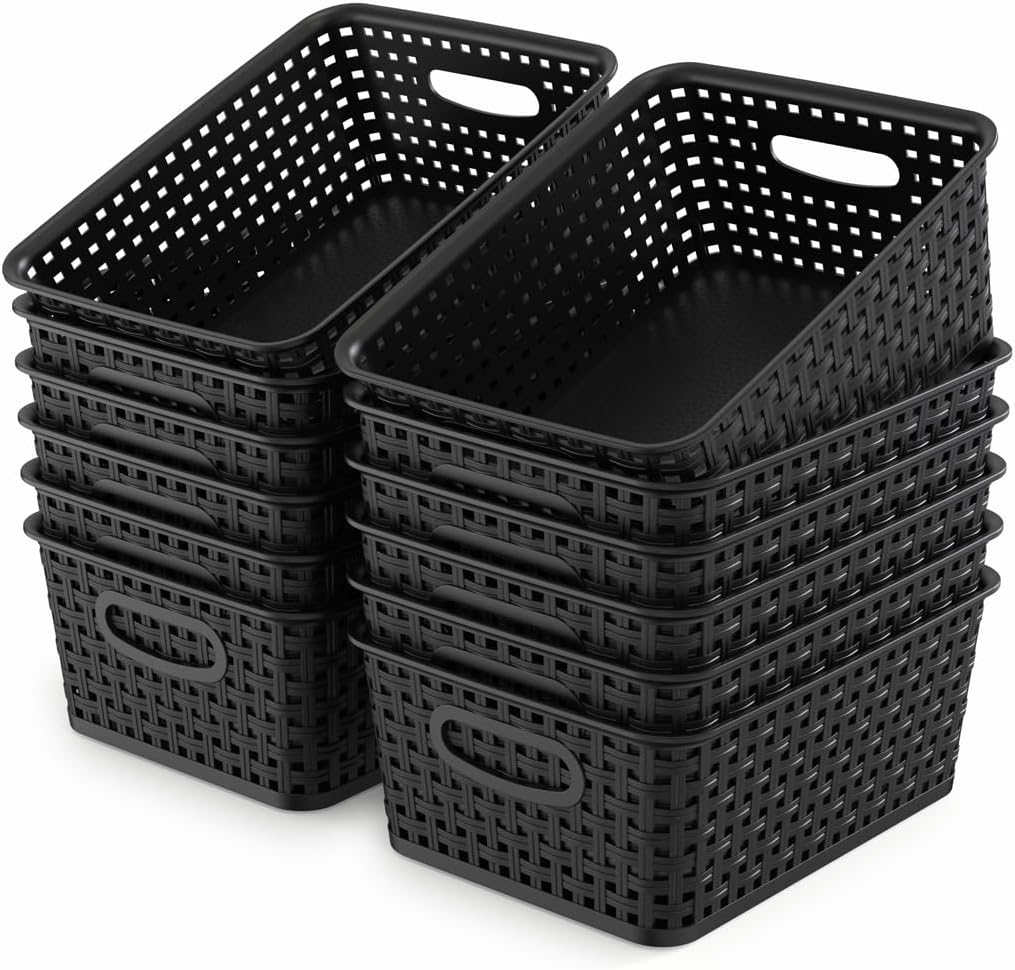 WYT Plastic Small Shelf Storage Baskets - 12-Pack Weave Design for Organizing | Black