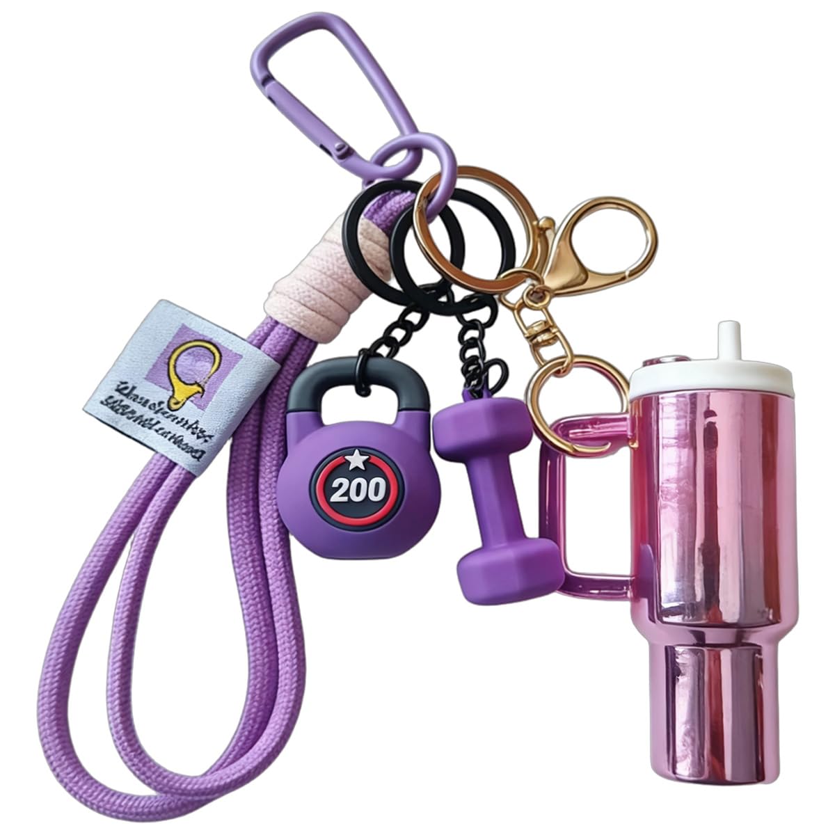 Pomelo Life Purple Fitness Wristlet Keychain - Dumbbell, Kettlebell and Tumbler Cup Charm, Sporty Bag Gift for Gym Lovers Women