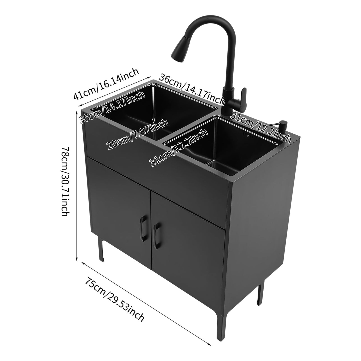 30-Inch Laundry Sink with Cabinet and Pull-Out Faucet, Stainless Steel Utility Sink with Cabinet, Freestanding Kitchen Sink Cabinets for Laundry & Utility Room Kitchen Bathroom