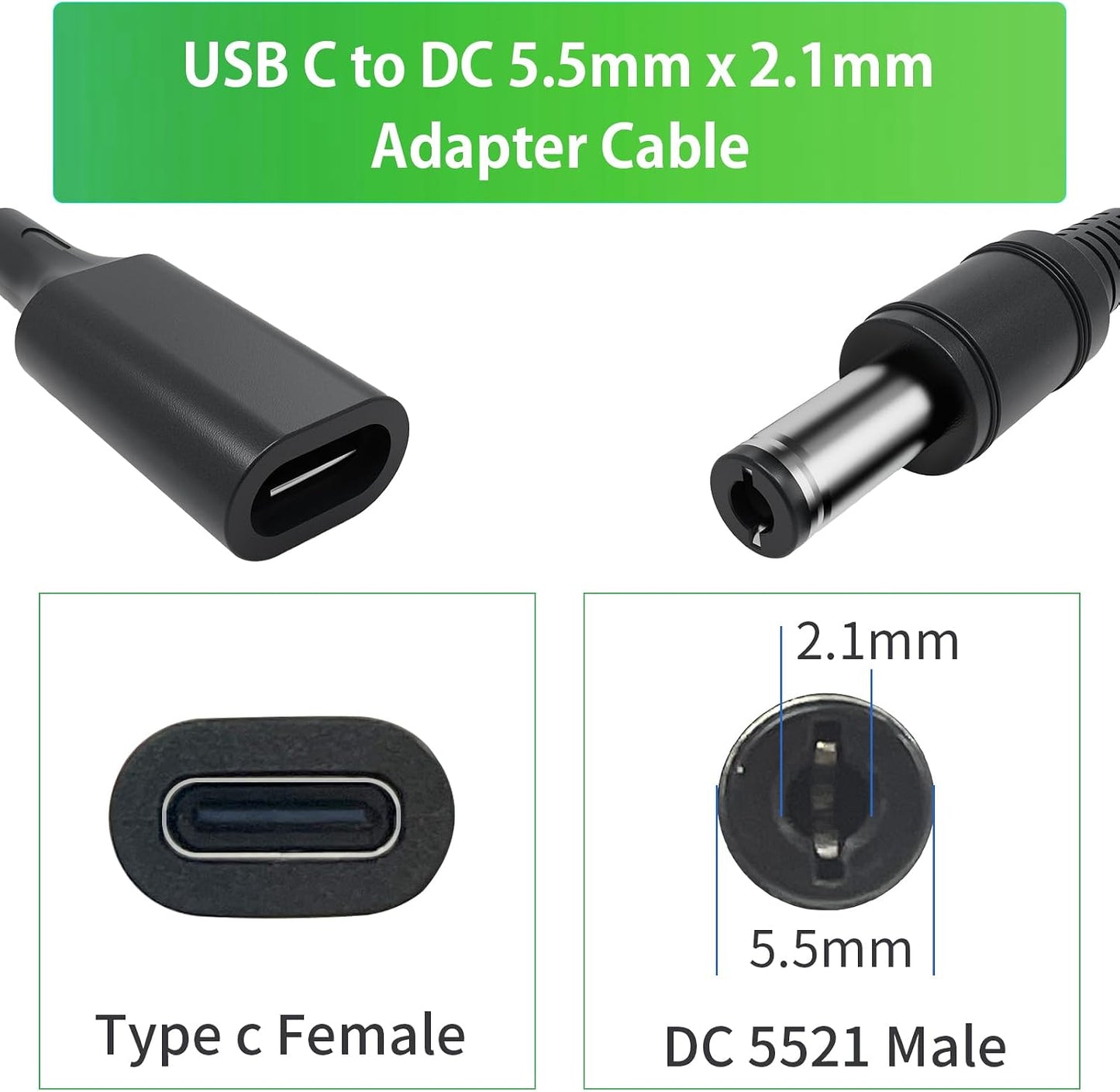 Varbmt 3.28Ft 5.5mm 2.1mm 1Pack USB C to DC Adapter Cable, Type C USB-C Female Input to DC x Power PD Charge Cable Made