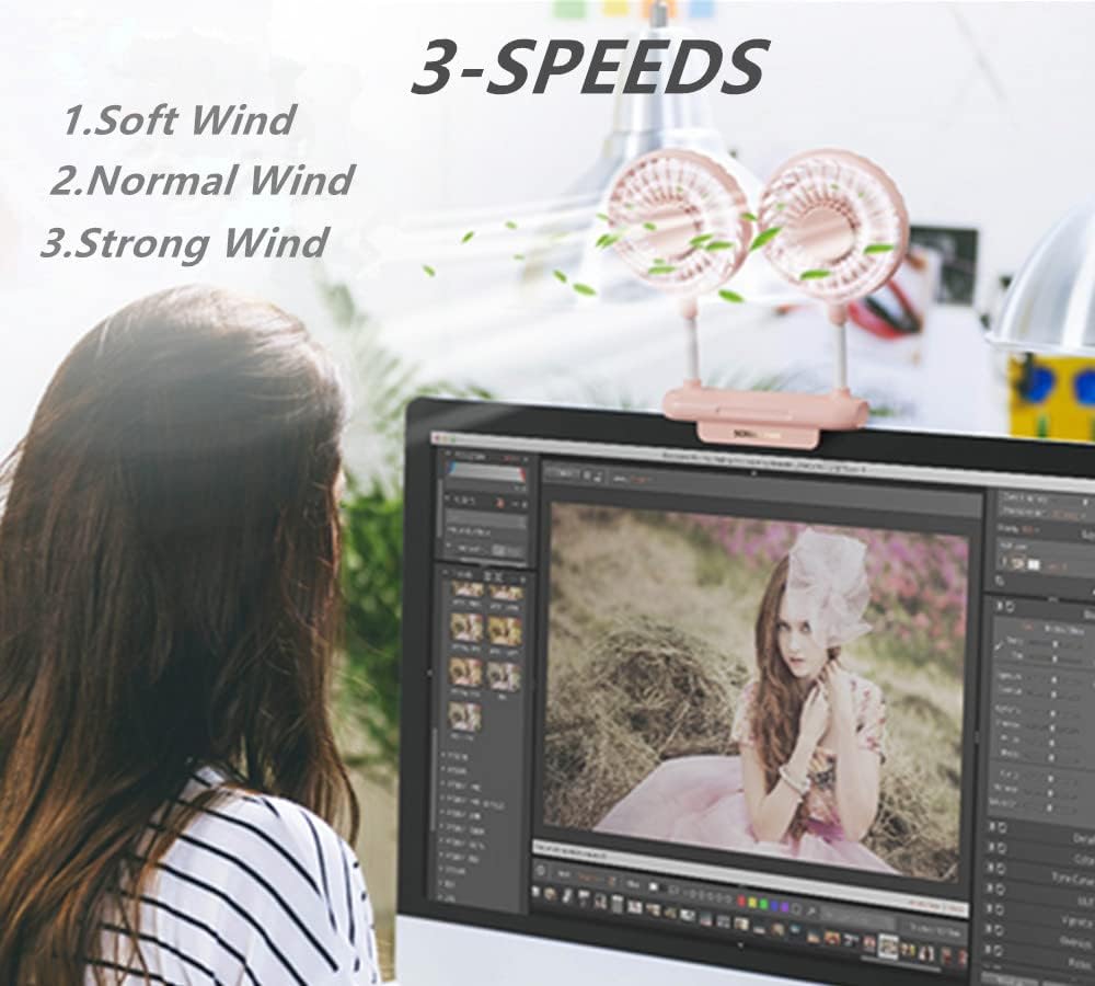 THRRLY 2 3 Monitor Fan with Rotatable Heads, Speeds, Sturdy Clamp, USB Powered Cooling Fan for Office Desk & Laptop.