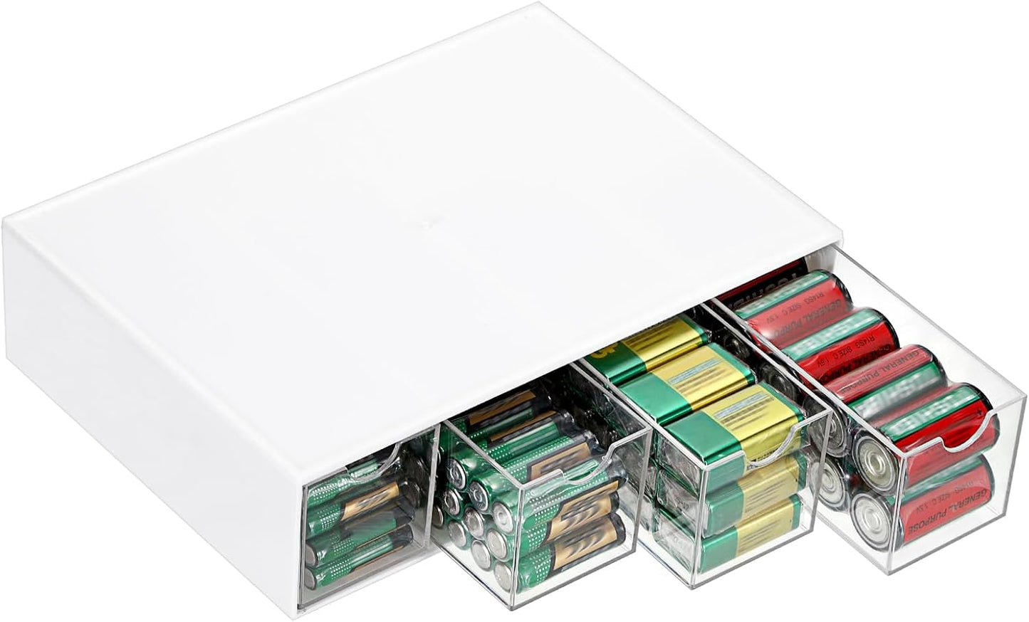 1 Pack 9V, 4-Drawer Common BTSKY White Acrylic Battery Storage Organizer for AA, AAA, C Batteries, Storage Box Battery