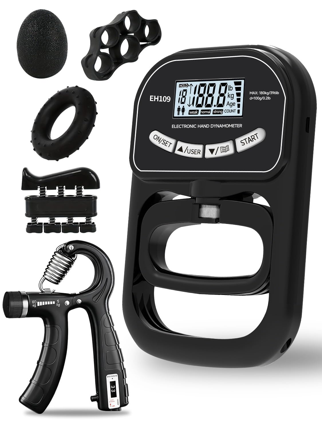 Saicefe Grip Strength Tester Trainer Electronic Hand Dynamometer of 396lbs/180kg & Grip strengthener with Adjustable Resistance for Sports Home Gym with Digital Display Precision Training for Rehab Fitness