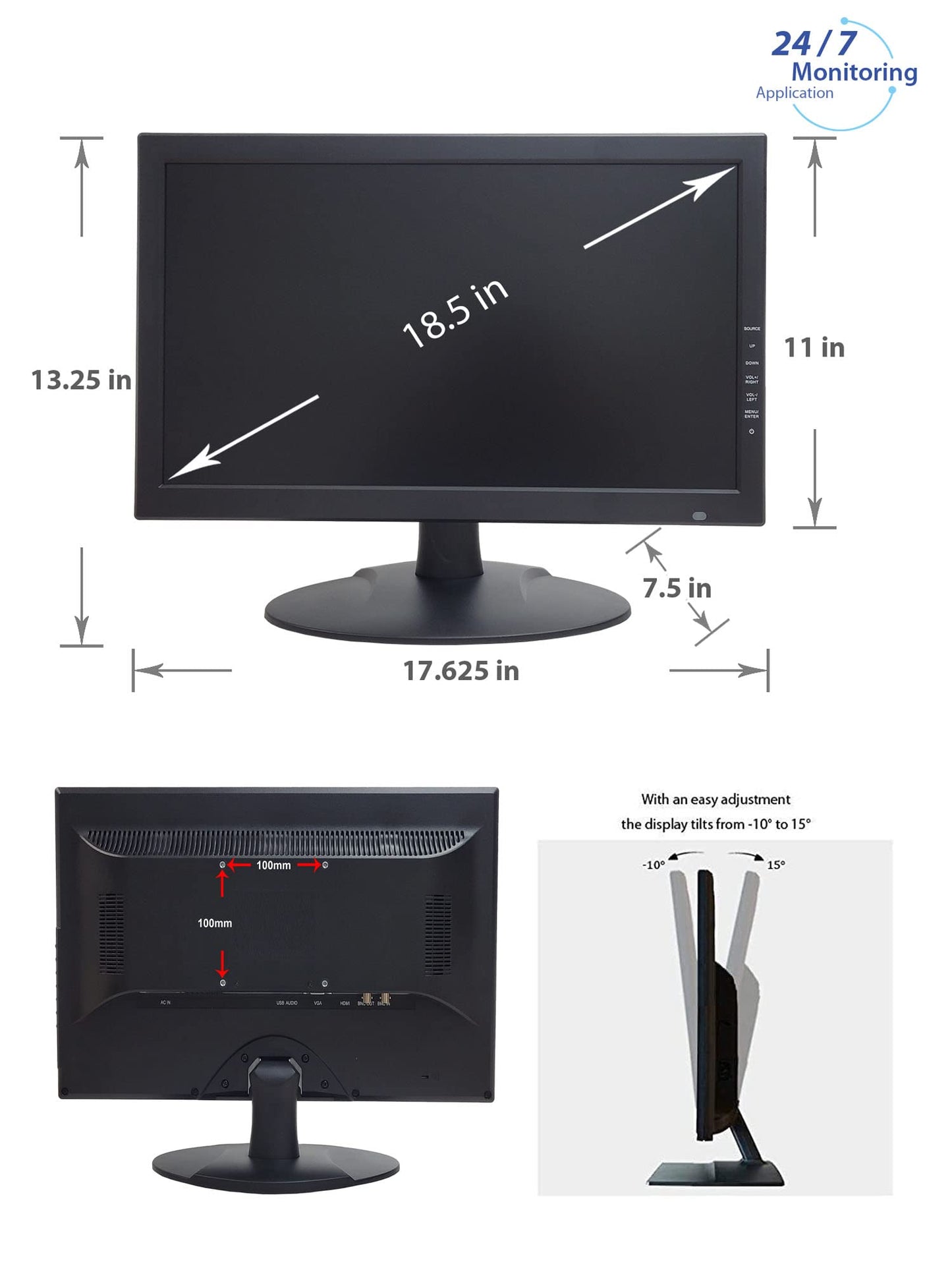 101AV 18.5" Scaled 4K Security Monitor with Super Sampling Anti-Aliasing (SSAA), HDMI (Scaled 4K/8MP), BNC in/Out, VGA, VESA Mount, Ultra-Smooth Detail for 24/7 CCTV & Home Office Surveillance use