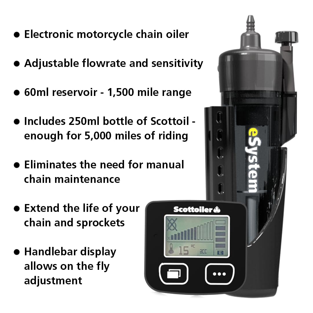 Scottoiler eSystem Electronic Automatic Motorcycle Chain Lubrication System with Biodegradable Green Scottoil & Traveller Expansion Bag Range Extending Touring Bundle…
