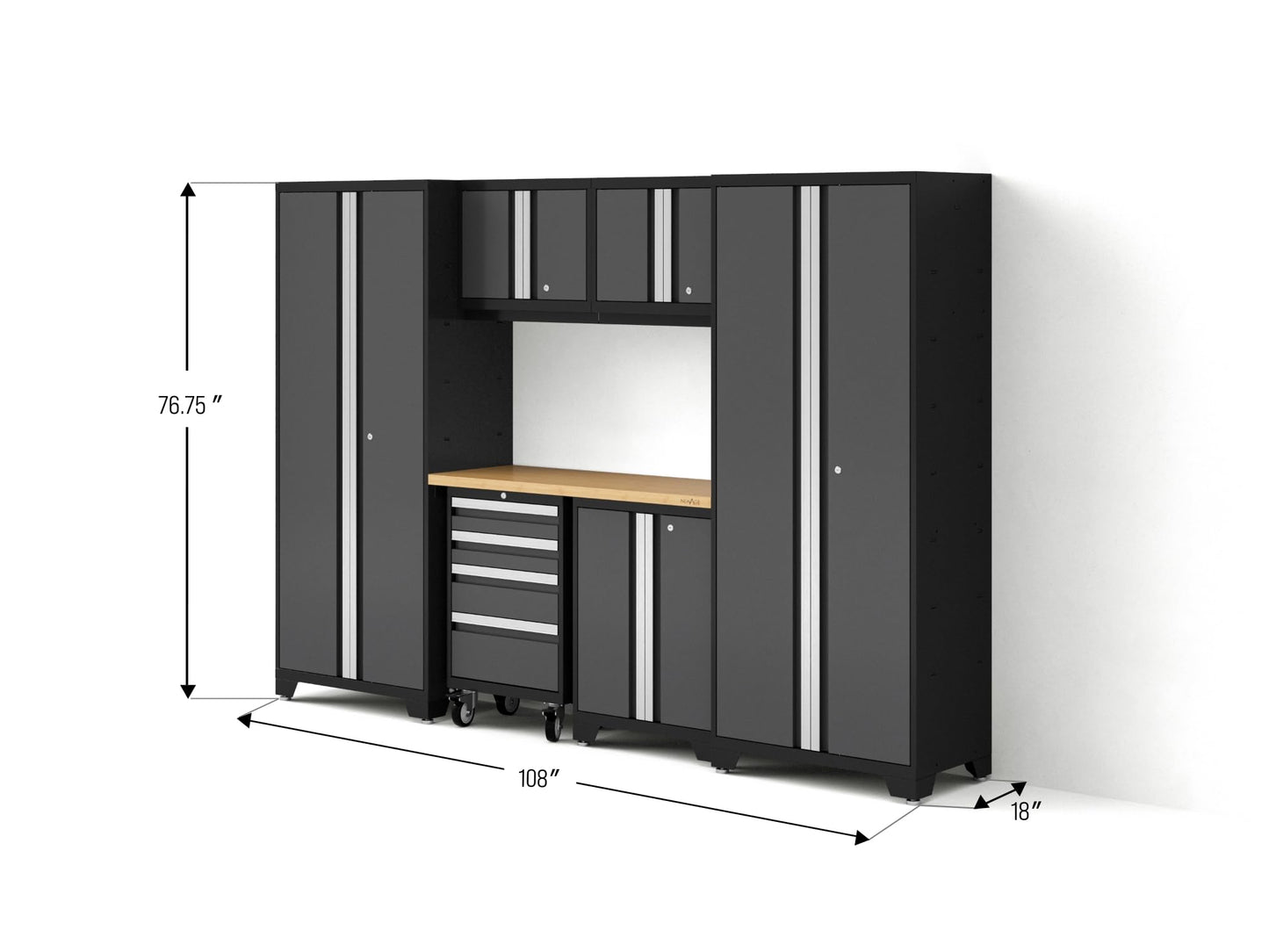 NewAge Products Garage Storage Cabinets Steel Bold Series 7 Piece Sets Includes Bamboo Worktop, Multi-Use lockers, Wall, Base and Rolling Tool Cabinets, Gray, 50421