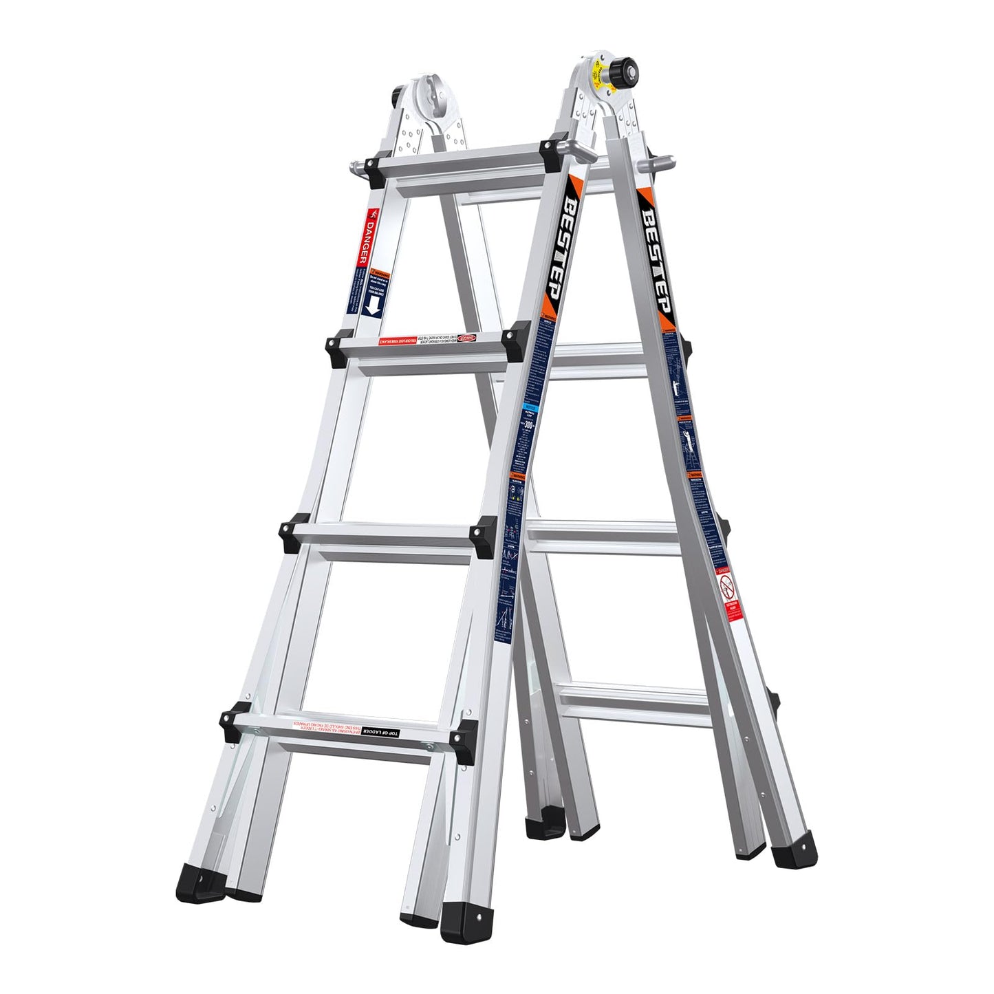 BESTEP 15FT Adjustable Folding Multi-Position Ladder,A Frame 4-Step Anti-Slip Ladder with Aluminum Joint,Silver,ANSI Type 1A, 300 lbs Load Capacity,Welding Construction (YQGNT-4540)