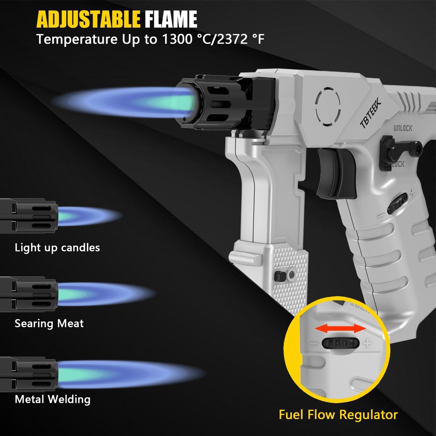 TBTeek Torch Lighter - Refillable Butane Kitchen Blow Torch with Adjustable Flame & Safety Lock | Dual Height Design