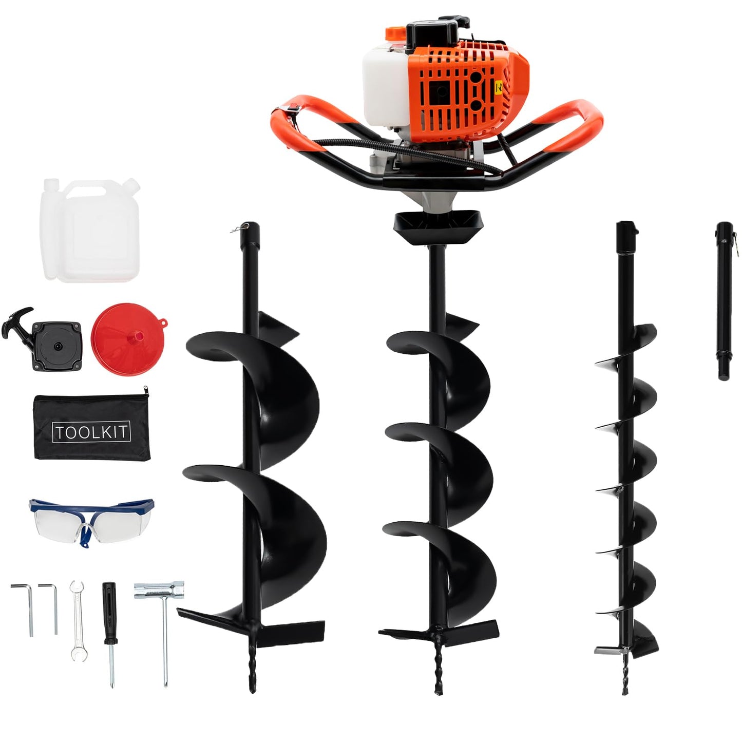 52Cc Auger Post Hole Digger,2-Stroke Petrol Gas Powered Earth Digger Earth Auger with 3 Digging Machine Drill Bits 4" 6" 8" and 3 Extension Rods for Tree Planting Holes,Fence Stakes,Greenhouse Stakes