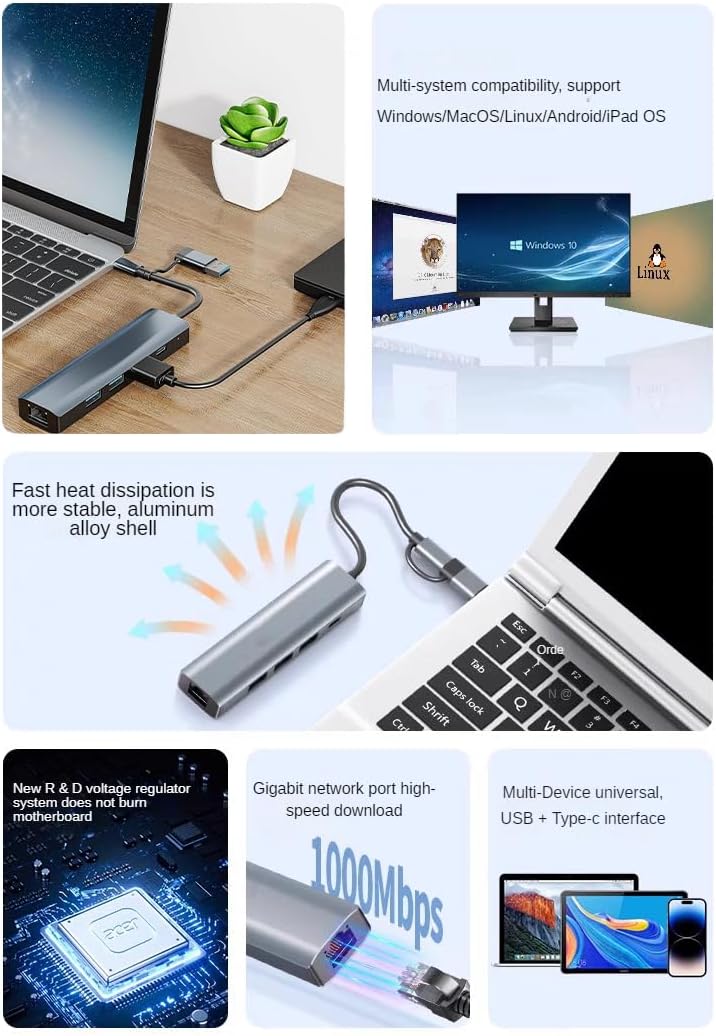 HBFQMDJLX 6-in-2 3.2 3 3.2 3.2,1000Mbps RJ45, USB Hub Docking Station, USB Ports, Gigabit Ethernet, USB-C Power