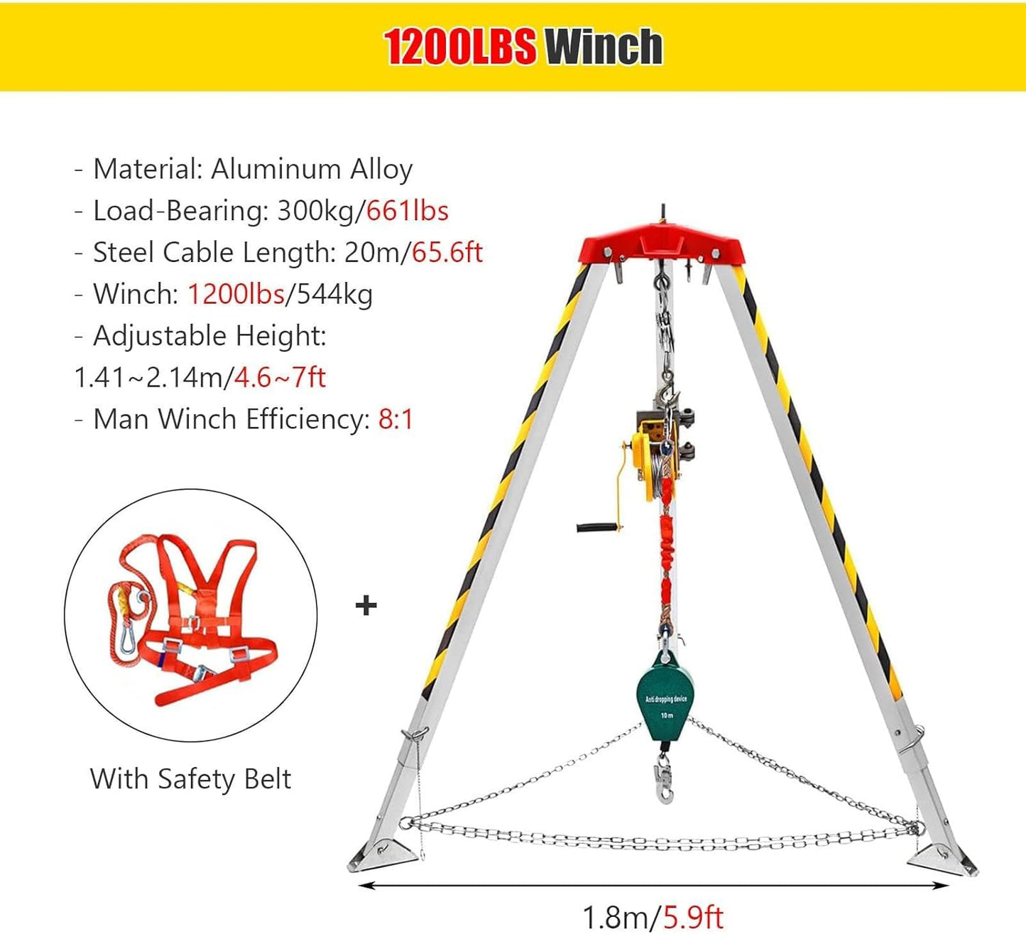 WEBUEP Industrial Rescue Tripod - 1200LBS Capacity Aluminum Hoist Tripod with Anti-Fall Self-Locking System, for Narrow Space Lifting & Emergency Retrieval, Manned Safety Equipment
