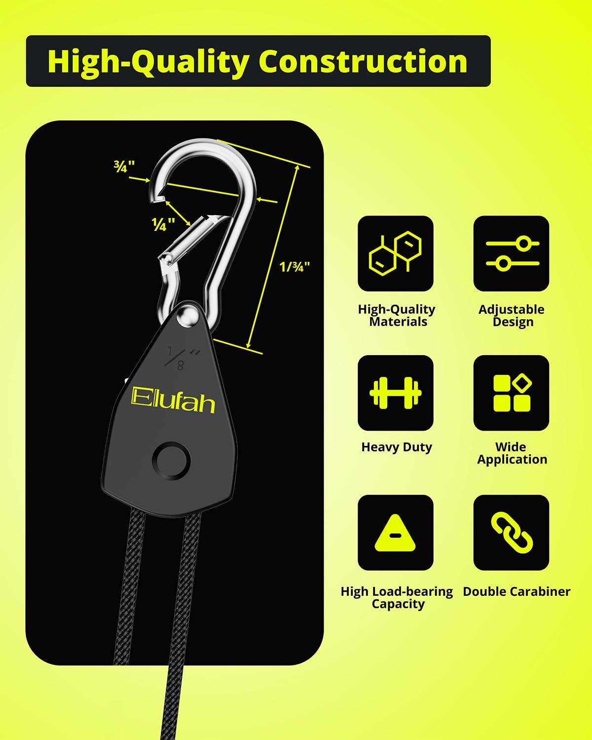 ELUFAH Longer 10ft 1/8" Ratchet Straps Hanger Rope Tie-Down Ratchet Outdoor Windproof Rope Roller Adjustable Hanger Grow Light Camping Tent Kayak Paracord 4-Pack