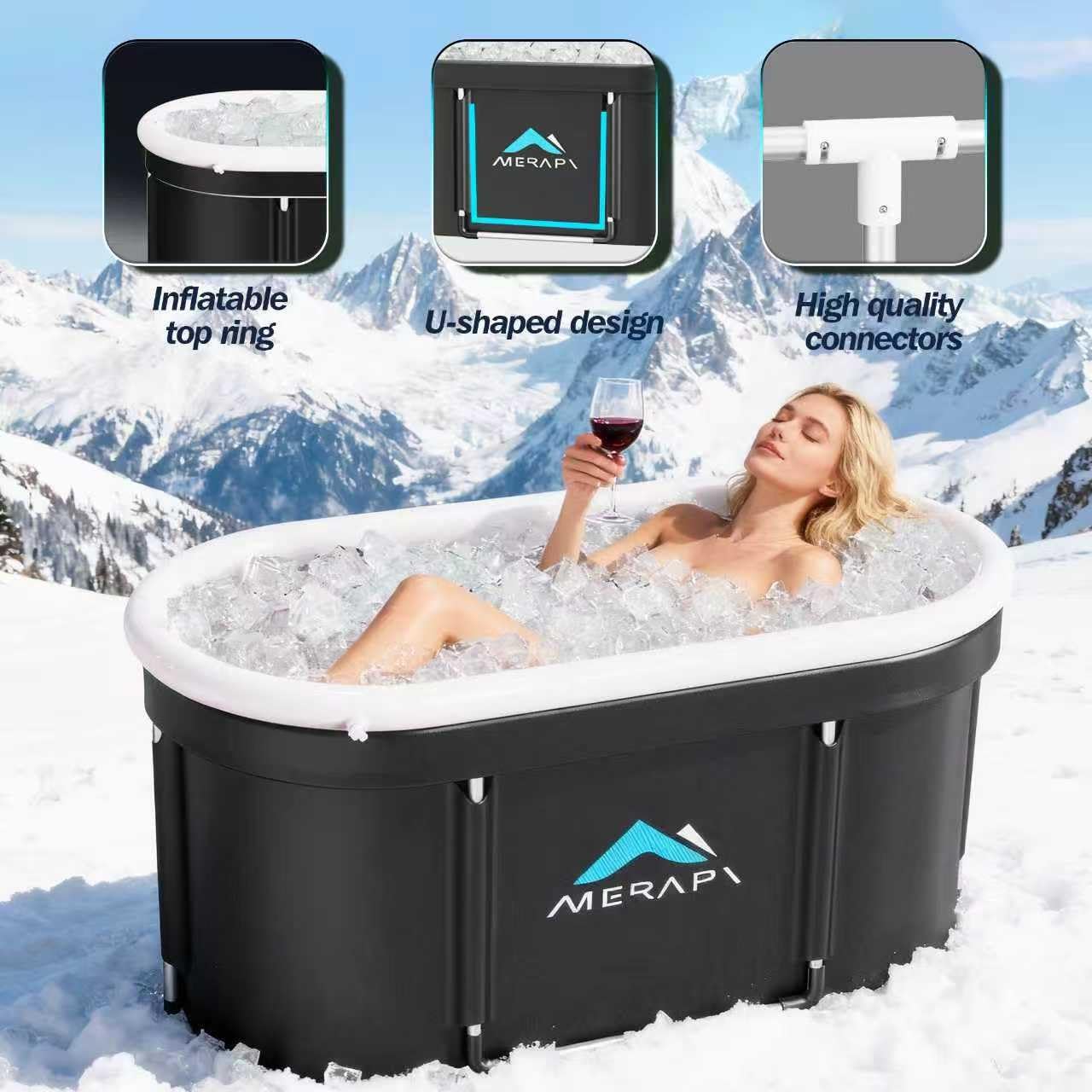 Merapi XL Ice Bath Tub for Adults, 131 Gal Cold Plunge Tub, 46” Large Oval Portable Ice Bath Tub, Foldable Cold Plunge for Home, Backyard & Outdoor Use with Drain & Neck Support