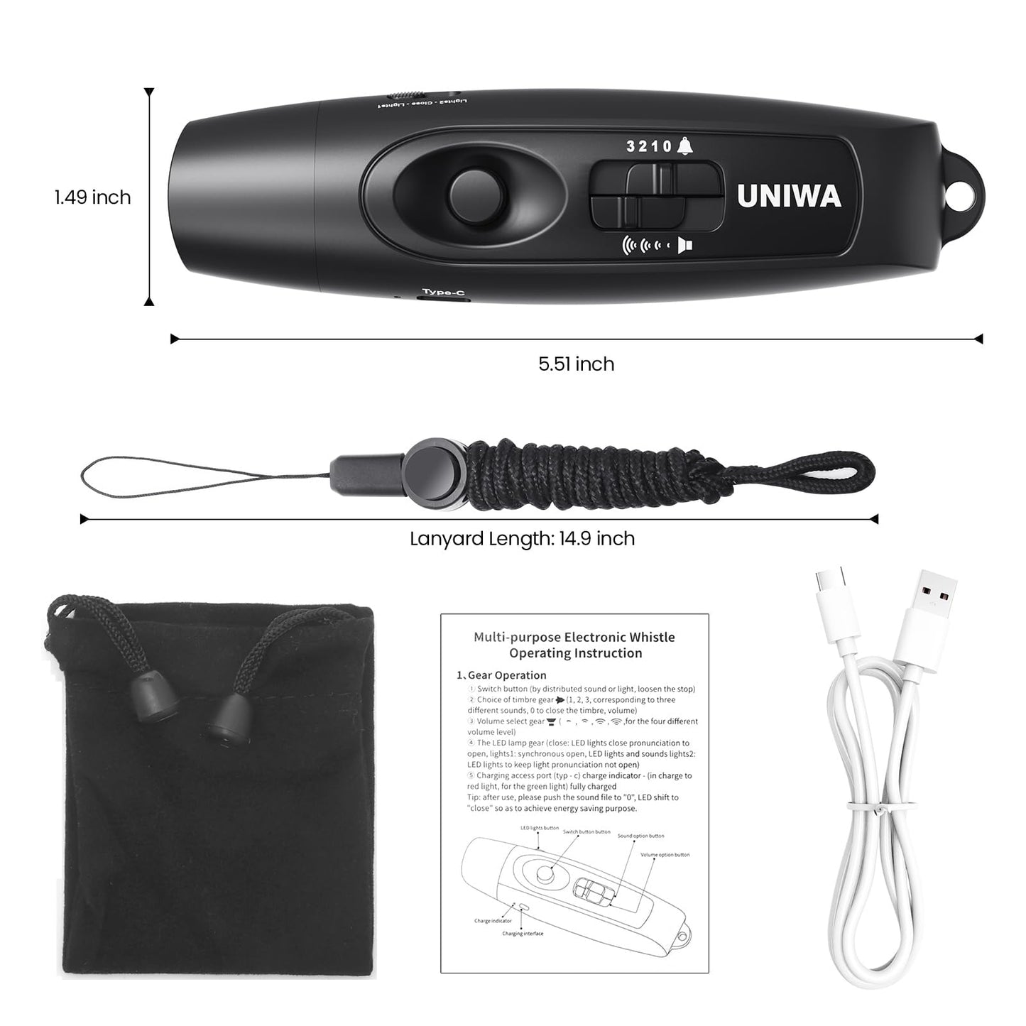 UNIWA Electronic Whistle with USB Charging, 3 Tone & 3 High Volume Hand Emergency Whistle for Referee Coaches Teacher, Outdoor Sport Game Camping Safety Electric Whistle with Lanyard - Black