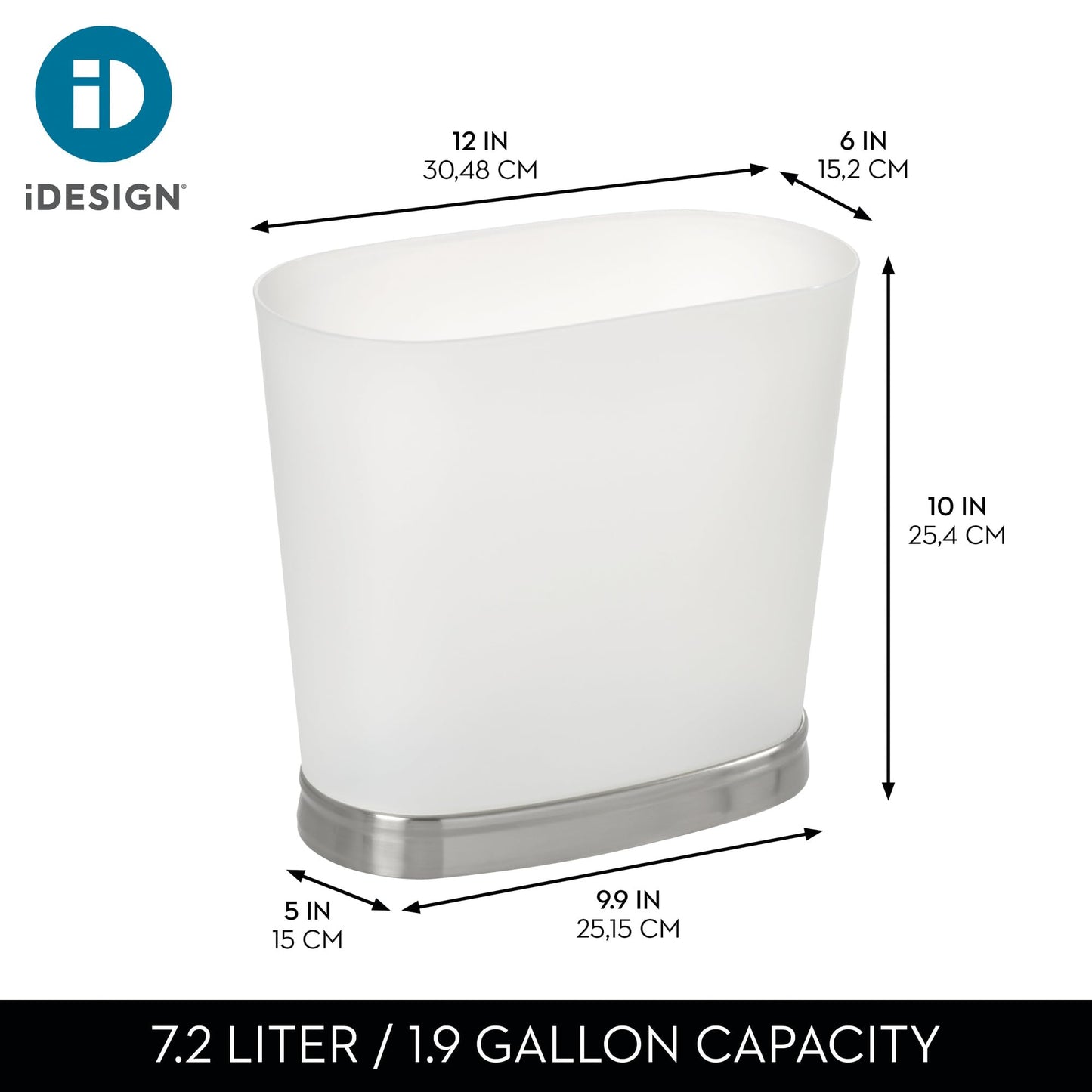 iDesign Slim Bathroom Trash Can, Small Plastic Garbage Can for Bedroom, Office, Desk, or Dorm, 2-Pack, Frost/Brushed