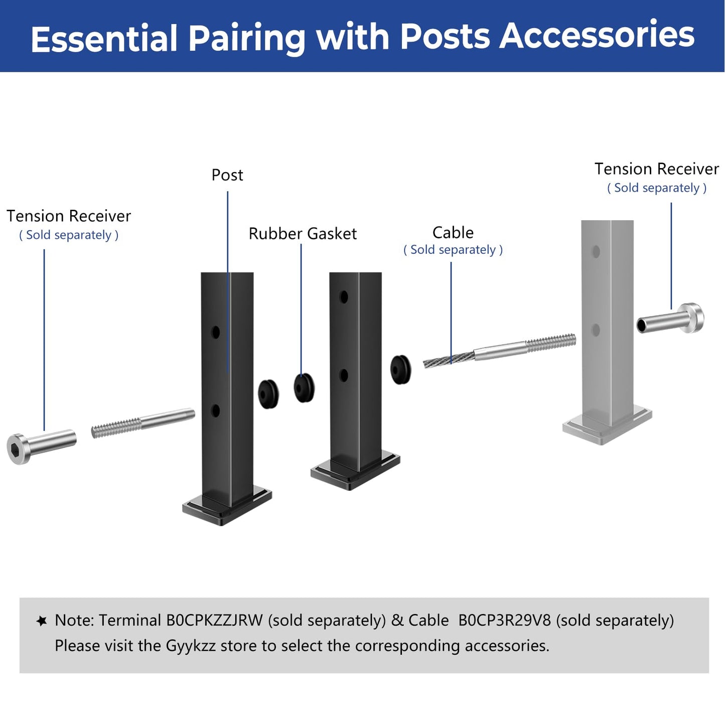 Gyykzz 42" Black Cable Railing Posts, 3 Pack Flat Top Level Drilled Railing Line Post Kit System, Stainless Steel T304 Horizontal Hole Deck Railing Handrail Post for Commercial & Residential Project