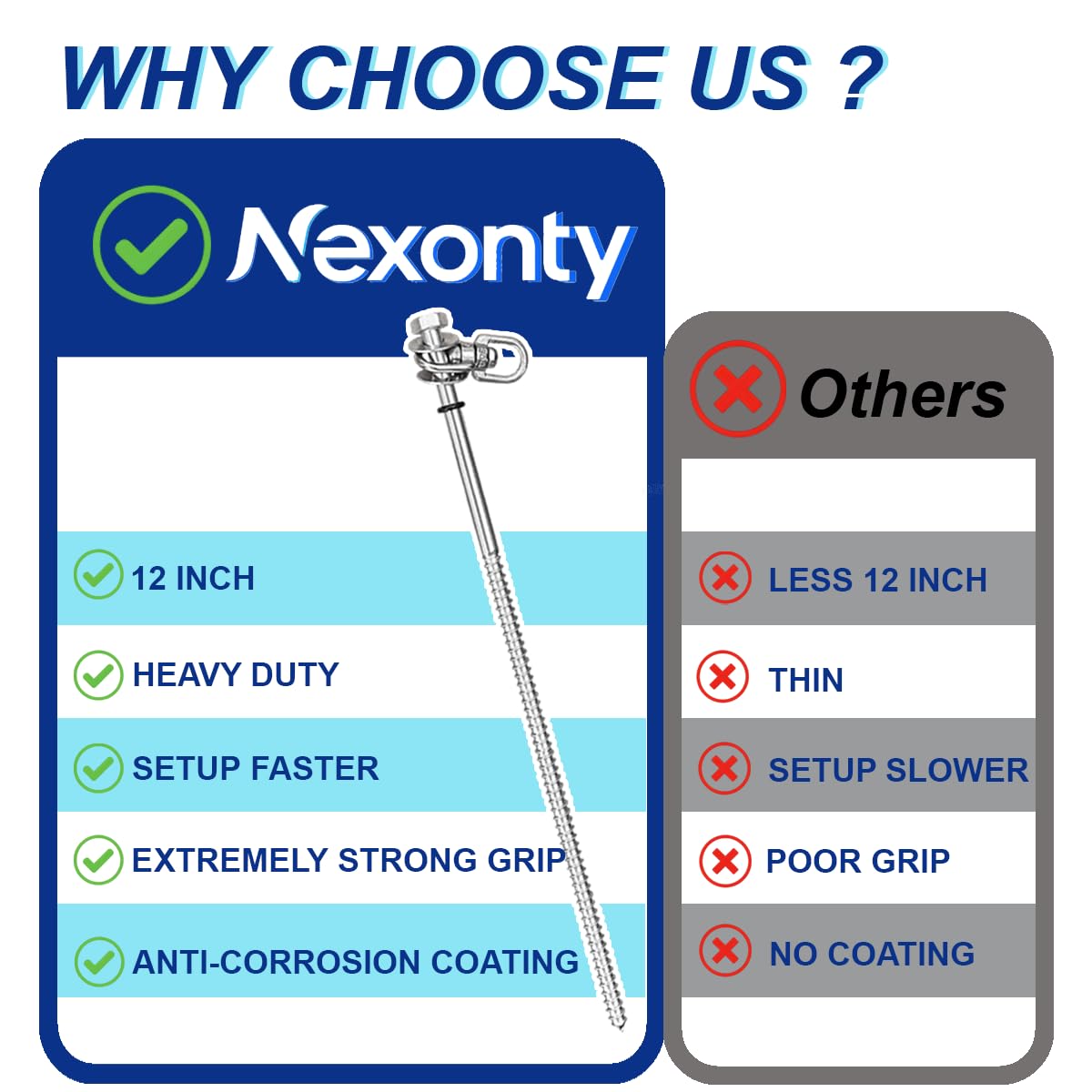 Nexonty 12 Inch Steel Screw in Tent Stakes,8 Pack Tent Stakes Heavy Duty,Ground Anchors Screw in,Trampoline Anchor Kit,Swing Set Anchors,Metal Threaded Camping Stakes with Hex Head Driver&Storage Bag